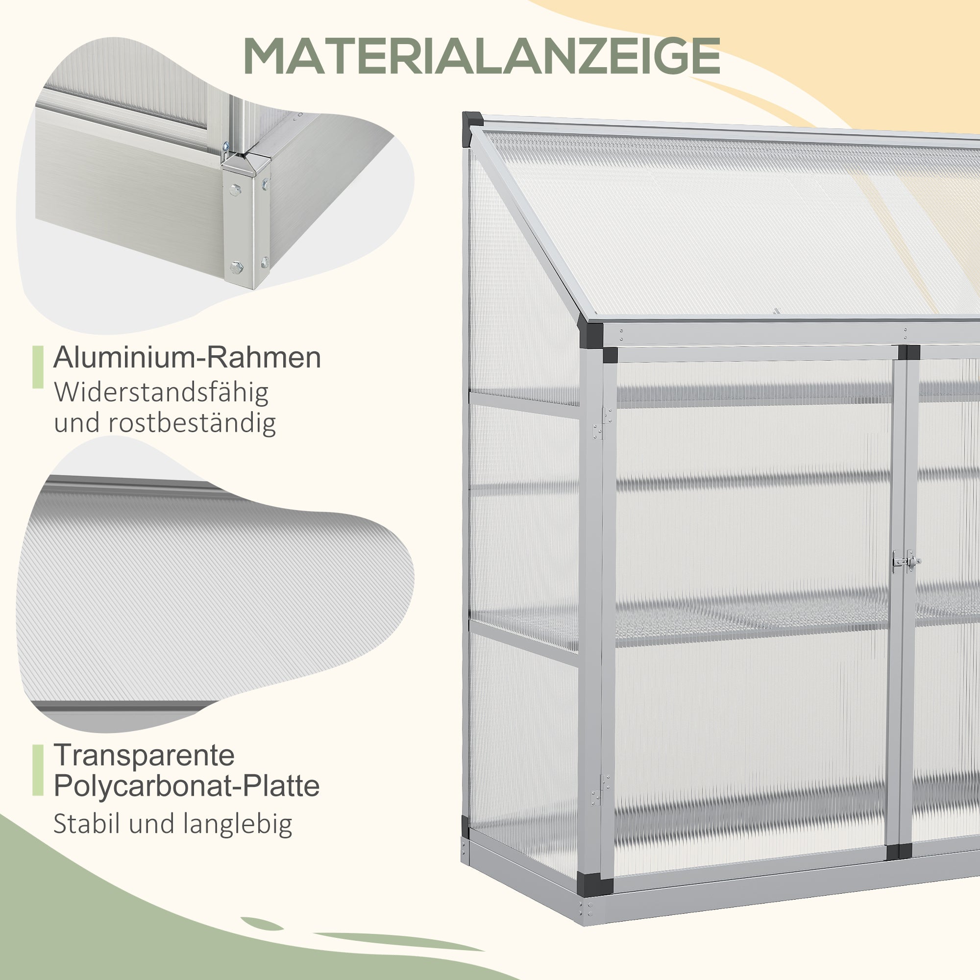 Outsunny Gewächshaus mit Fundamentrahmen, Polycarbonat-Gehäuse, 2 Regalböden, Aluminiumrahmen, 131 x 58 x 139,5 cm