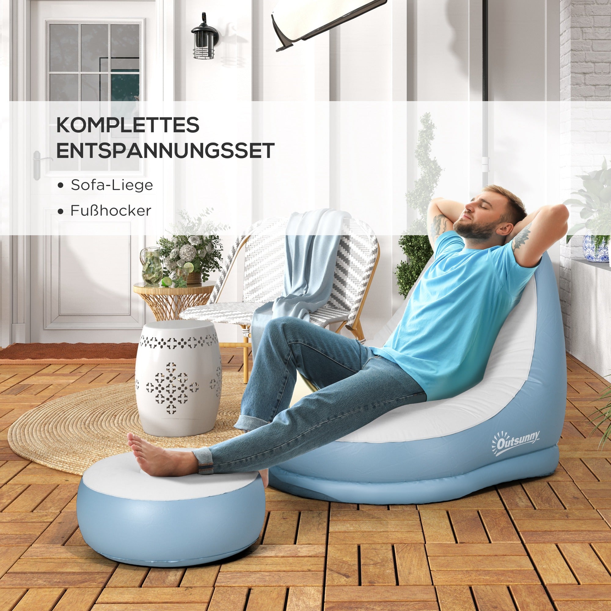 Outsunny Aufblasbarer Sessel Luftsessel Outdoor-Sessel, 125 x 100 x 87cm, Weiß + Blau