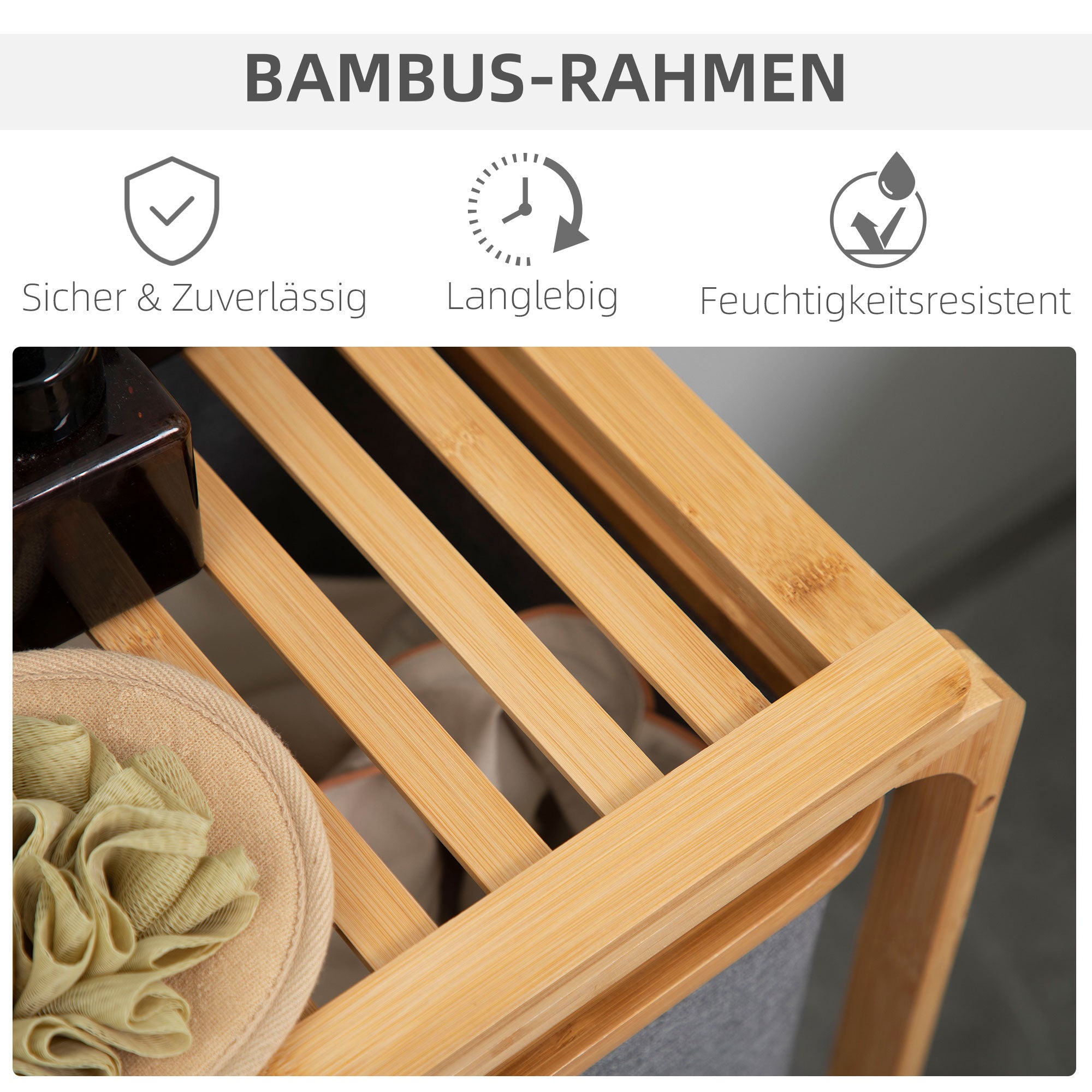HOMCOM Wäschekorb aus Bambus , 3 abnehmbare Körbe 50 cm x 32 cm x 69,7 cm Natur Grau