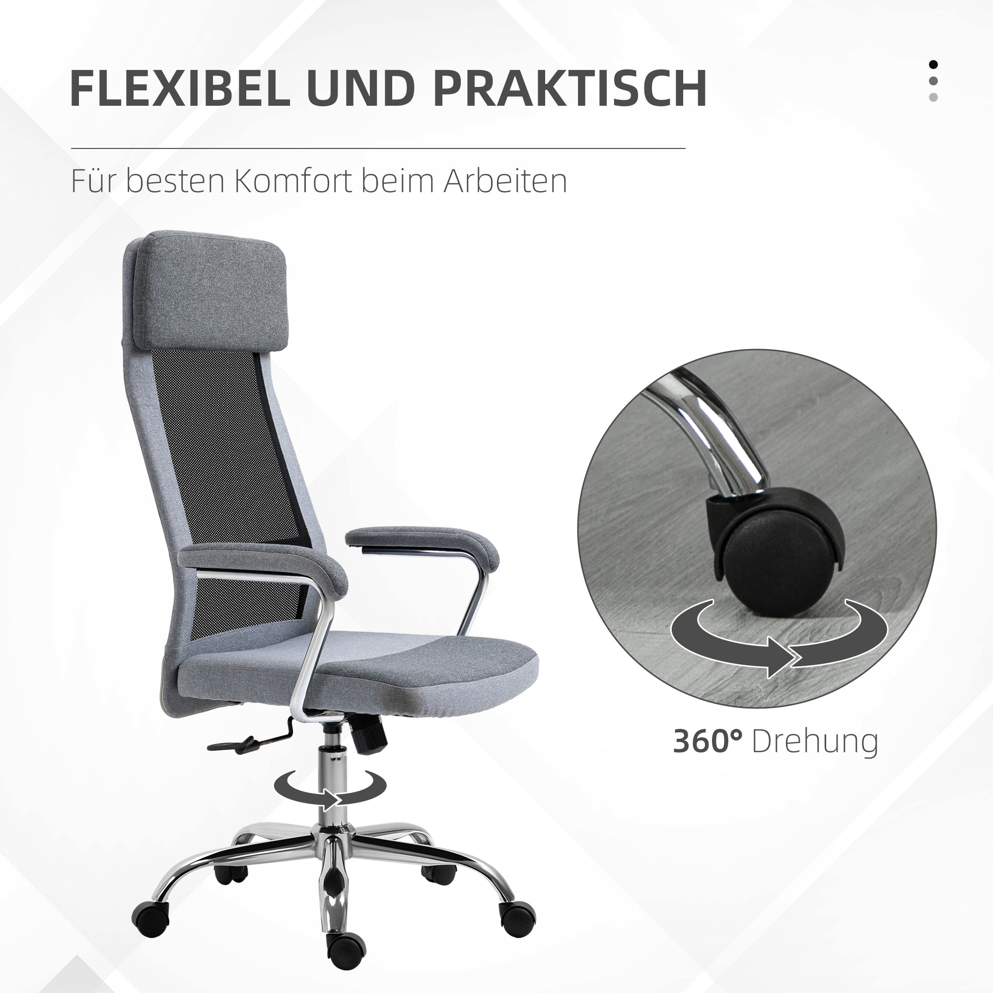 Vinsetto Bürostuhl Computerstuhl ergonomischer Schreibtischstuhl Höhenverstellung und Kopfstütze mit Schaumstoff nordischer Stil hellgrau+schwarz 65 x 67 x 119-129 cm