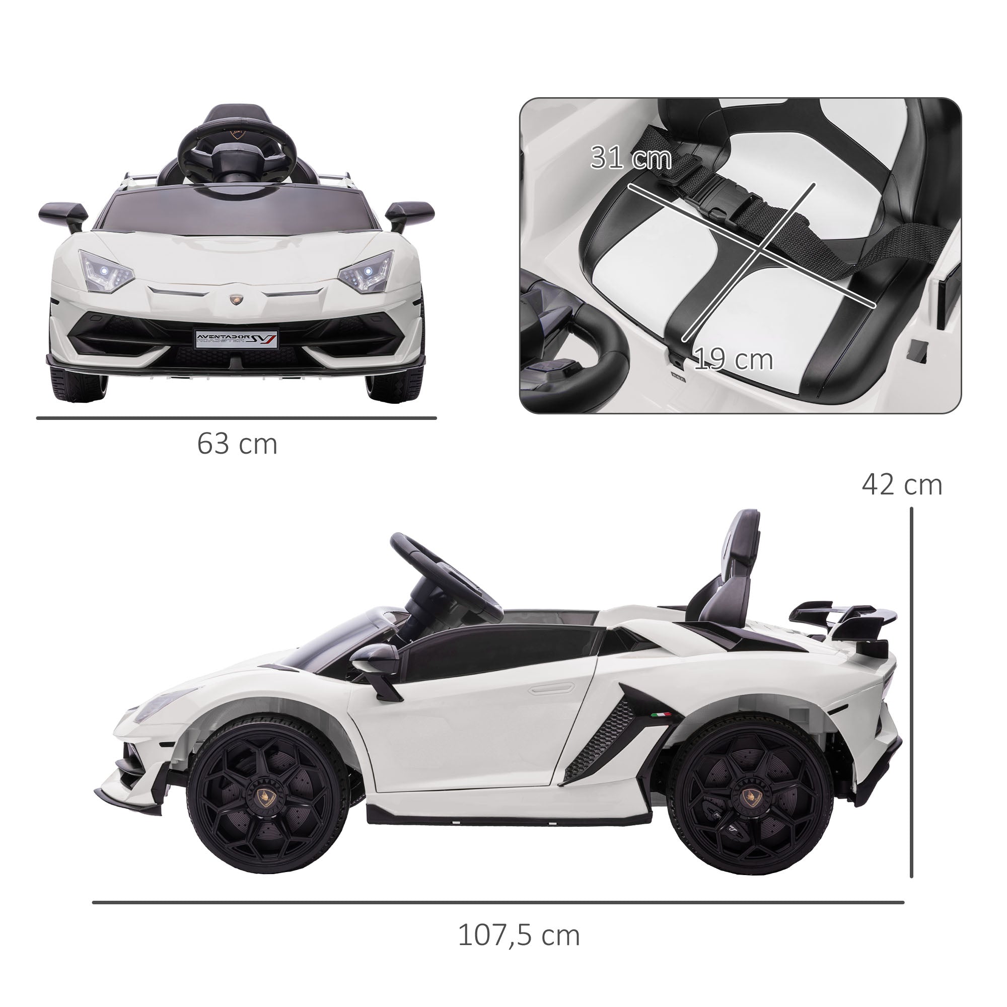 HOMCOM Elektro-Kinderauto, lizenzierter Lamborghini Aventador, Flügeltüren, Musik, Hupe, für 3-5 Jahre, Weiß