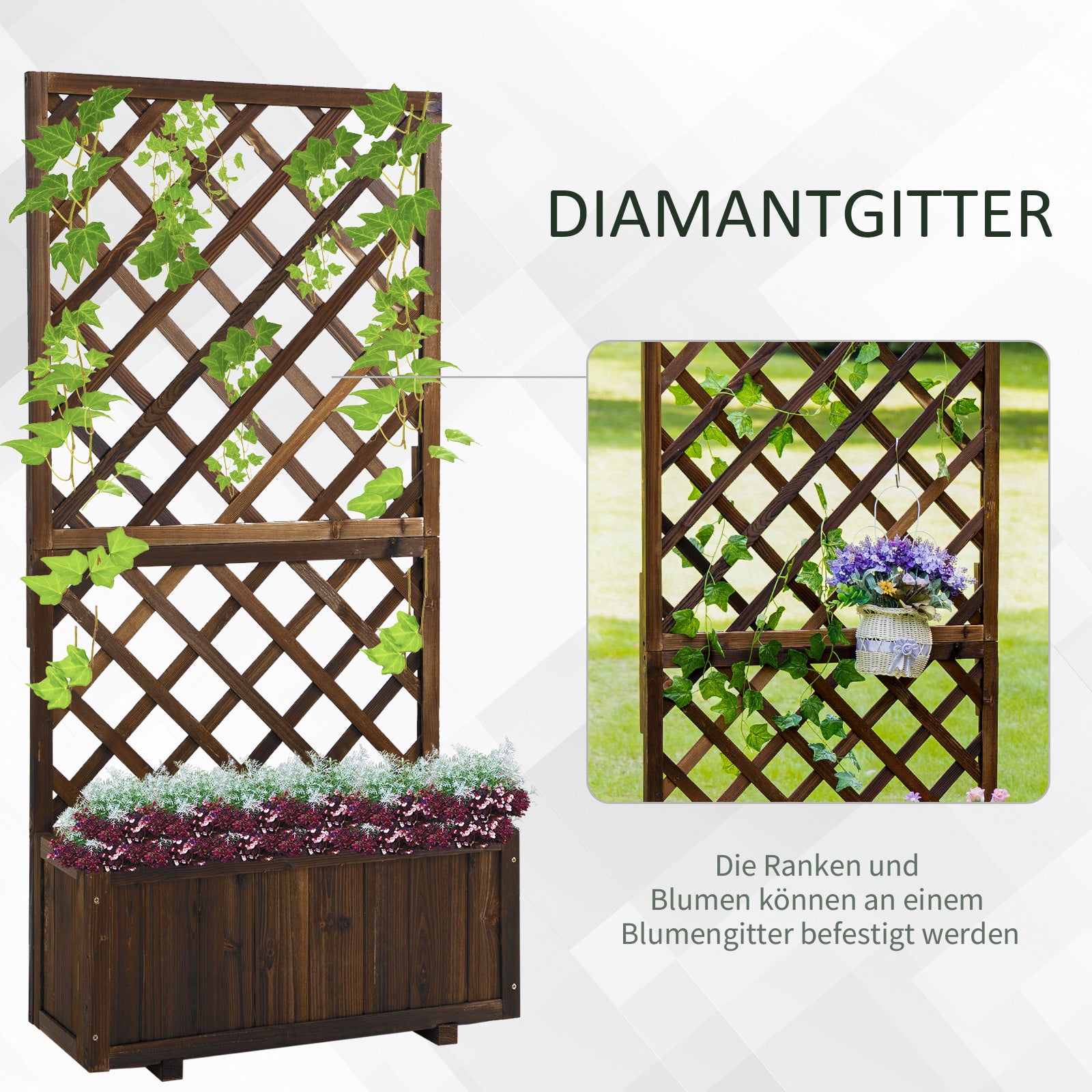 Outsunny Hochbeet Pflanzenkasten mit Rankgitter, Spalier Pflanzkübel, Blumenkasten Holz, 72,5x31,5x149,5cm für Garten Balkon Terasse, Blumenkübel für Kletterpflanzen, Blumen, Braun
