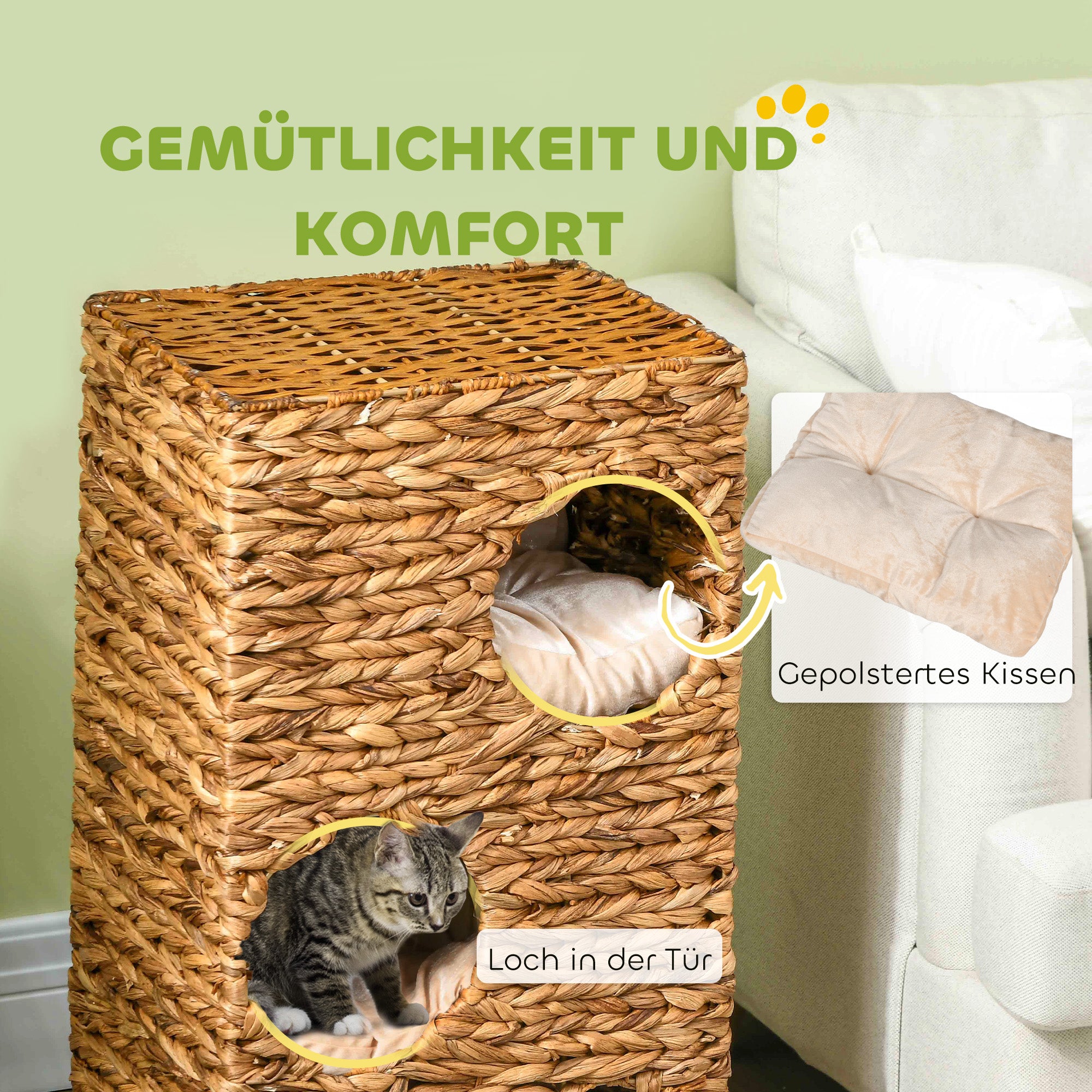 PawHut Katzenbaum mit Kratzturm, 3 Etagen, gepolsterte Kissen, Türöffnungen, Wasserhyazinthe, Hellbraun