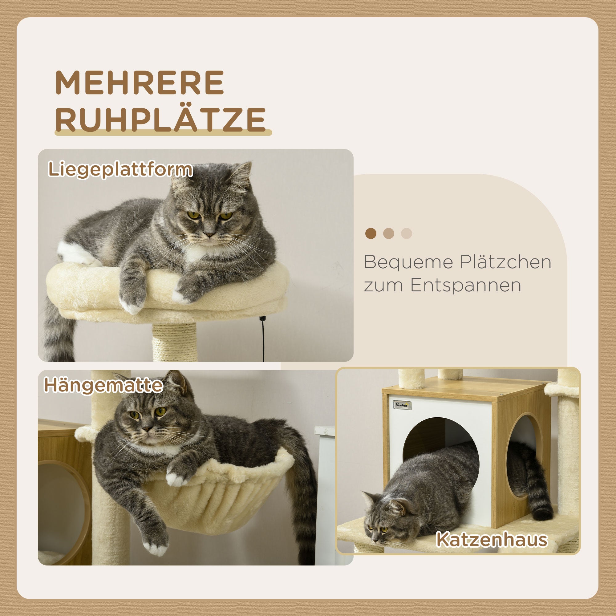 PawHut Kratzbaum mit Katzenhöhle. Katzenbaum, 1 Katzenhöhle, 1Hängematte, 1 Katzenbett, 1 Liegefläche, Natur+ Weiß + Braun