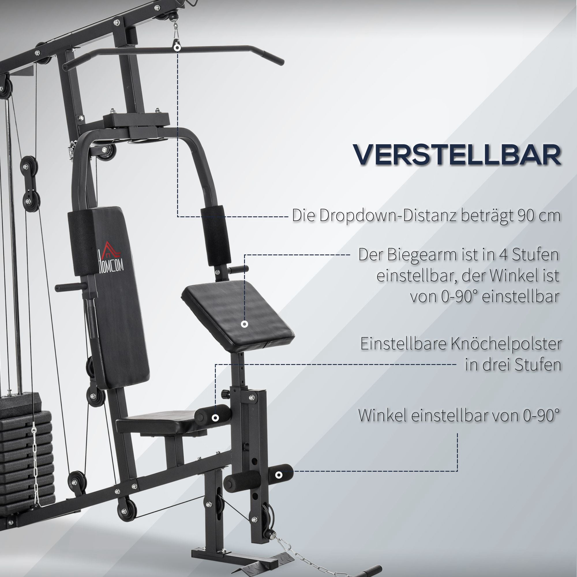 HOMCOM Kraftstation für Zuhause Fitnessstation mit Latzuggerät, Kabelzug, kurzer Bizepsstange, Brustpresse, Beintrainer, Butterfly-Maschine 45kg Gewichten Multifunktion Fitnessstation Schwarz
