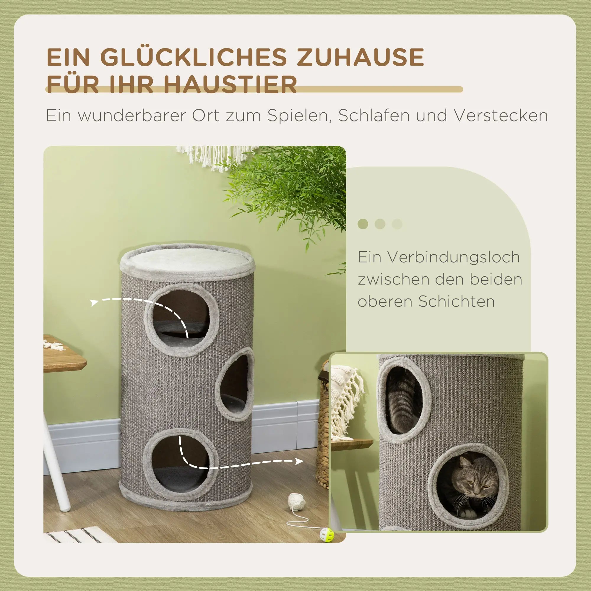 PawHut Kratztonne Katzenbaum 3 Ebenen Sisal-Kratzmatte