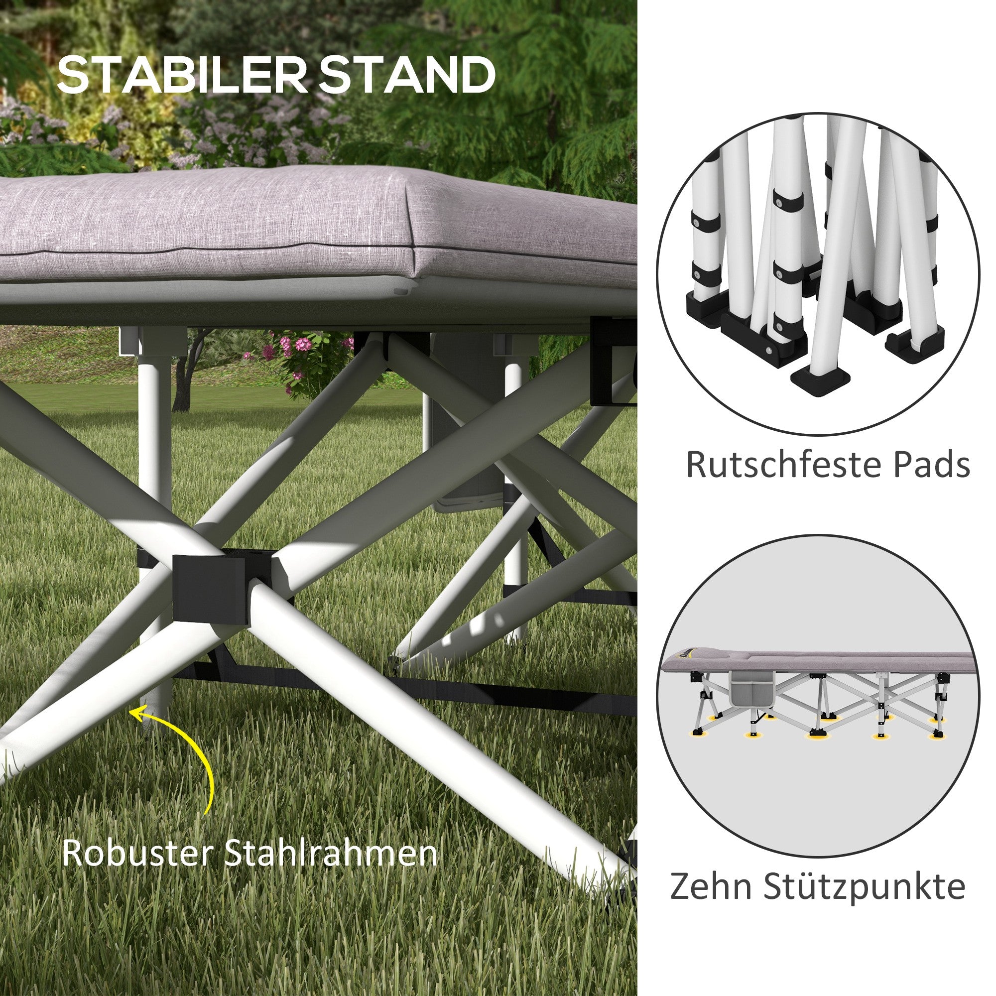 Outsunny Feldbett, Campingbett, klappbar, weich, bis 200 kg, rostfreies Metallgestell, 200x65x42cm, Grau