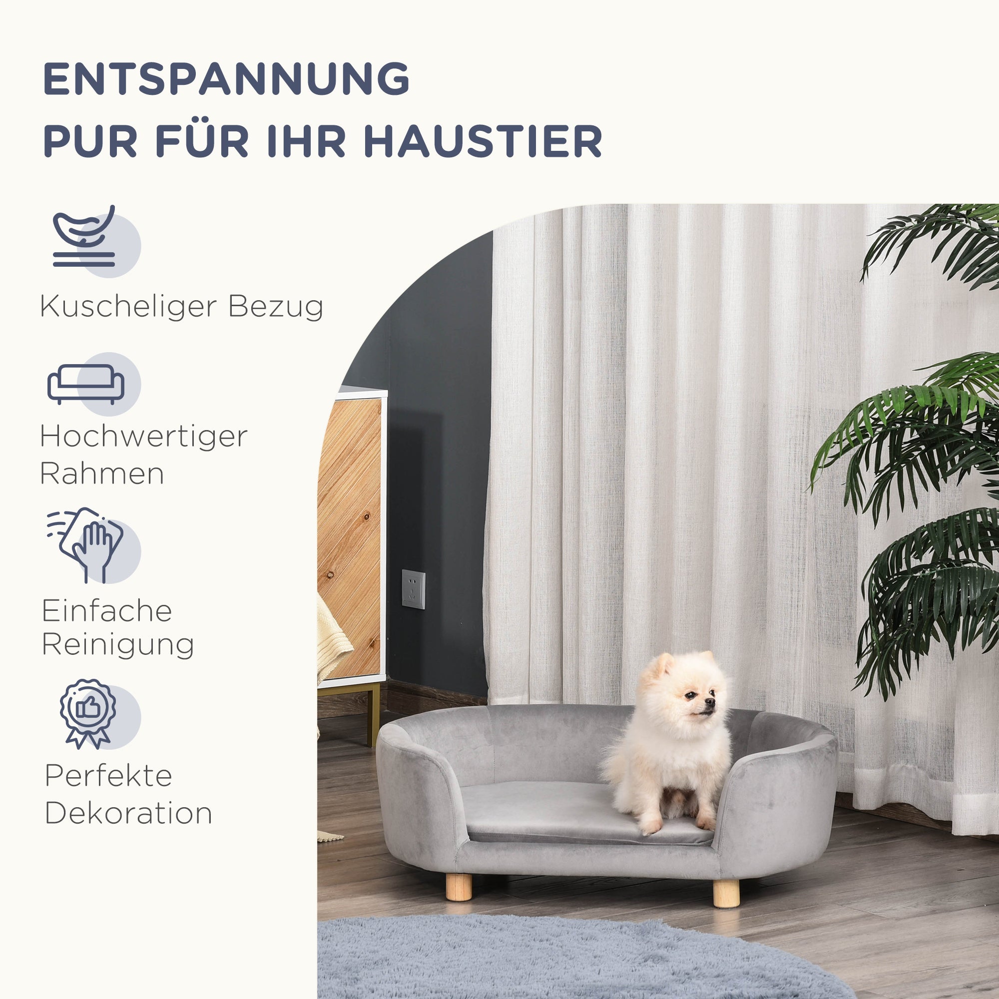 PawHut Haustiersofa Hundesofa Hundebett mit Holländischer Samt Schaumstoff Birke Bein für Katzen Hunde  86 x 55 x 33 cm Hellgrau