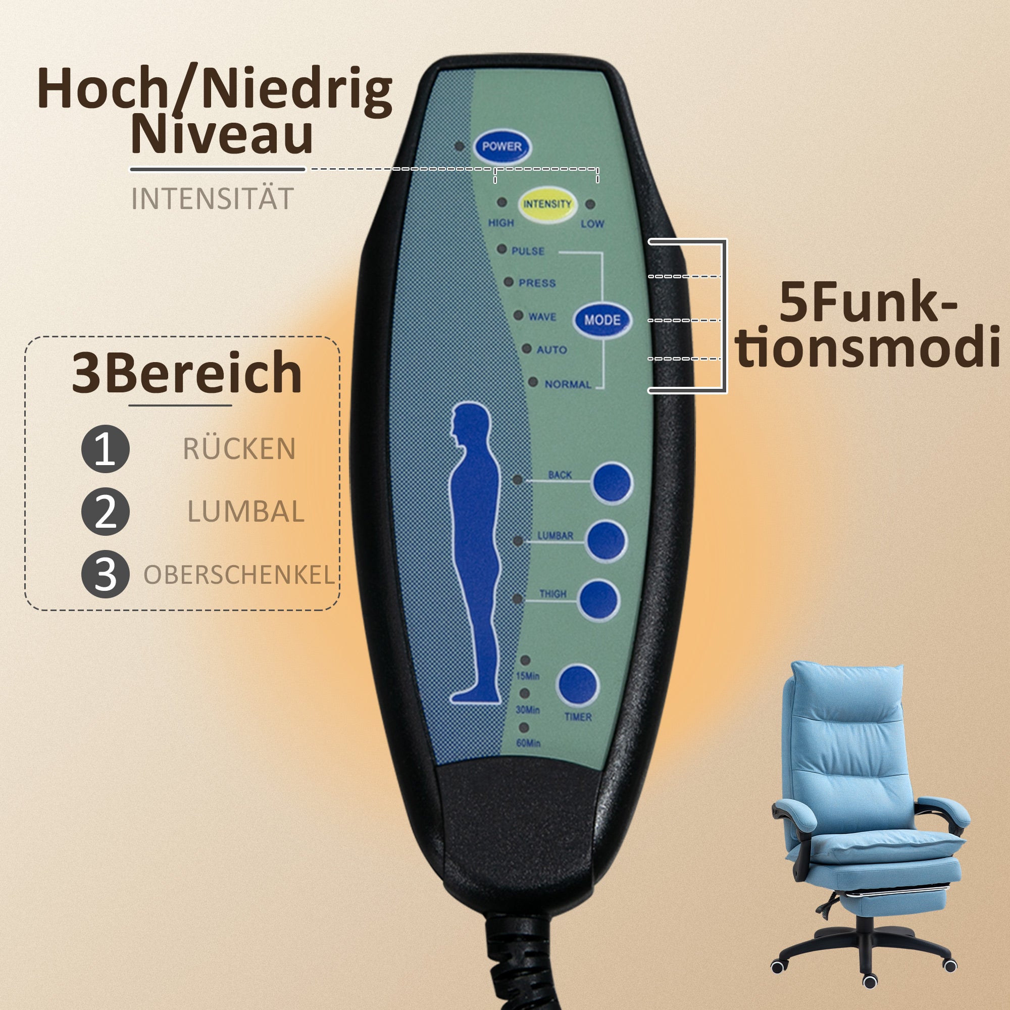 Vinsetto Massage-Bürostuhl, Schreibtischsessel mit Massagefunktion, höhenverstellbarer, ergonomischer Drehstuhl, Nylon, Blau