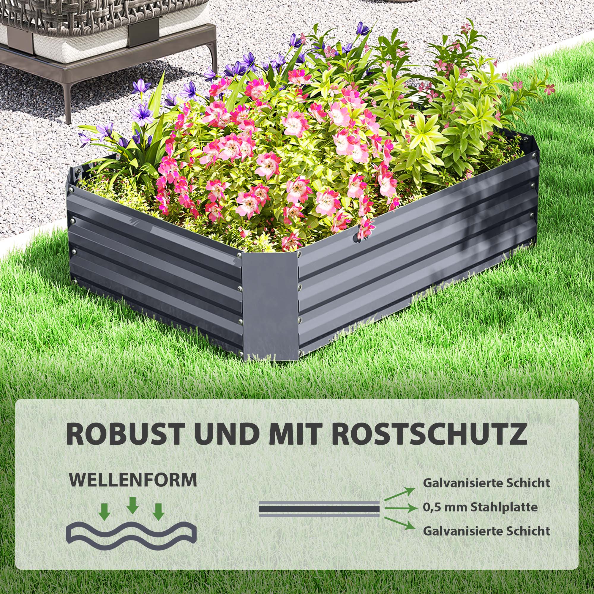 Outsunny Hochbeet aus verzinktem Stahl, Gartenbeet, Pflanzkasten für Garten, Blumenkasten, 120 x 90 x 30 cm, Dunkelgrau