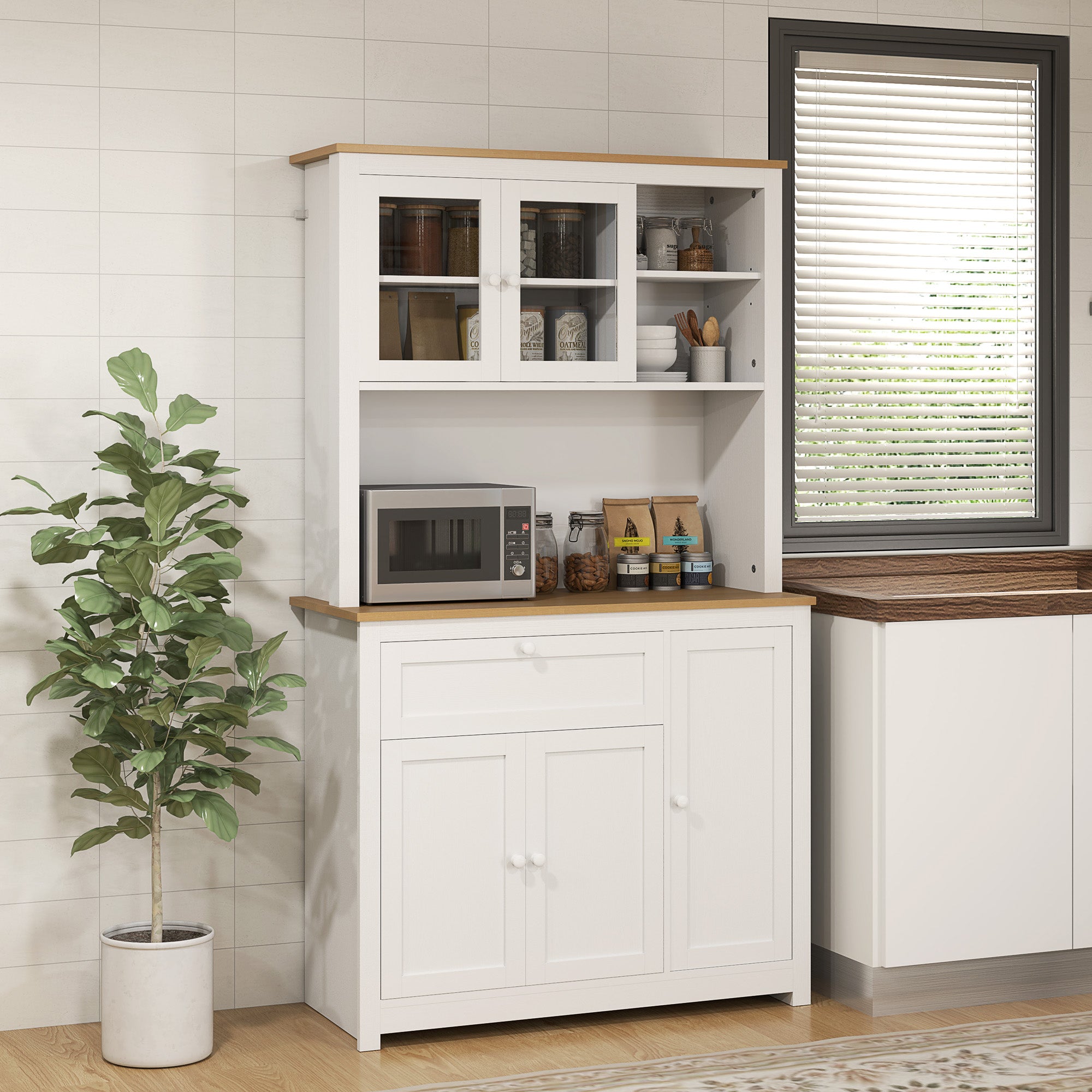 HOMCOM Küchenschrank im Landhausstil, 1 Vitrine, 1 offenes Regal, 1 Schublade, 2 Schränke, Natur + Weiß
