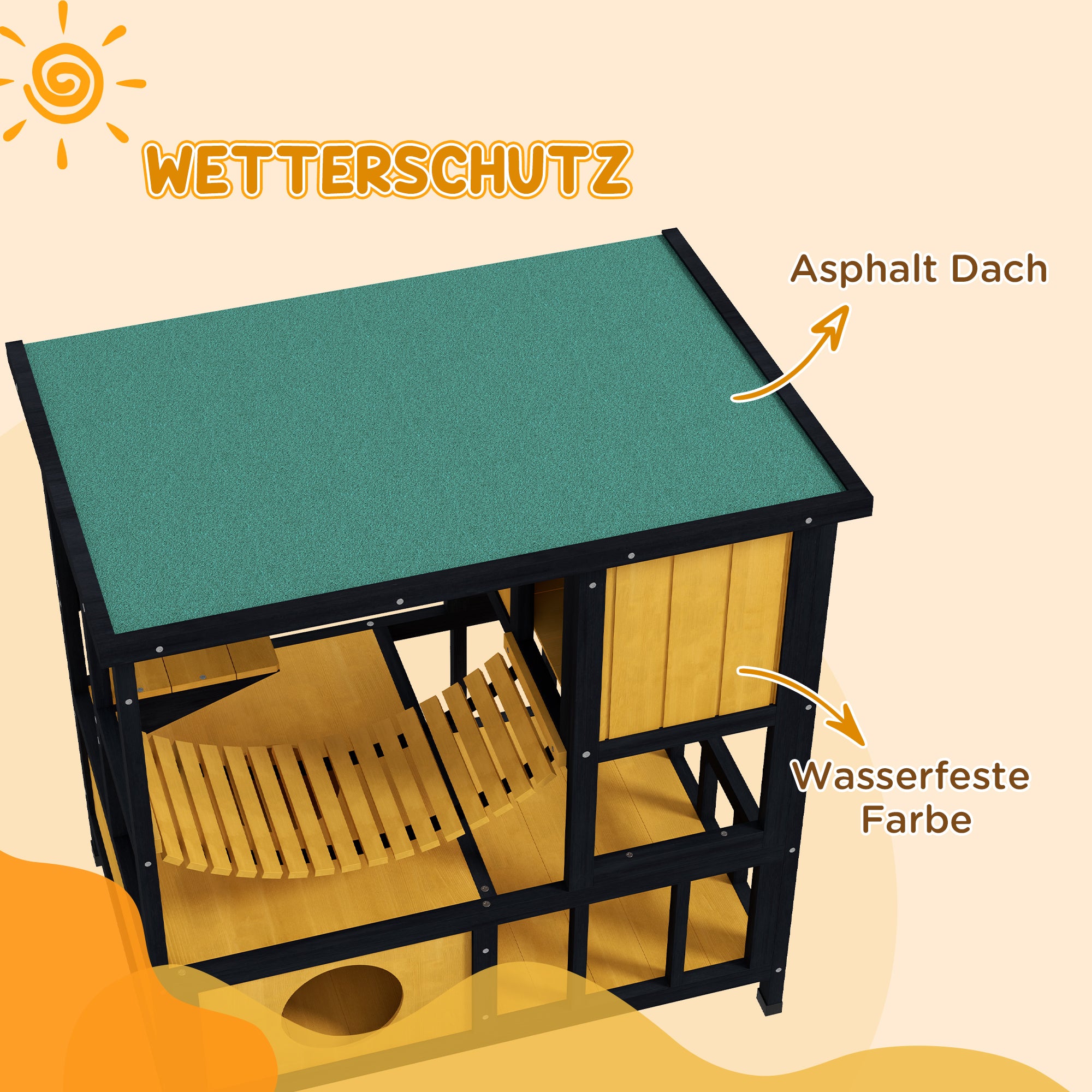 PawHut Katzenhaus Katzenhütte Katzenhöhle, wetterbeständig, 1 Rampe, 1 Plattform,  84,5 x 60 x 88 cm, Grün + Natur