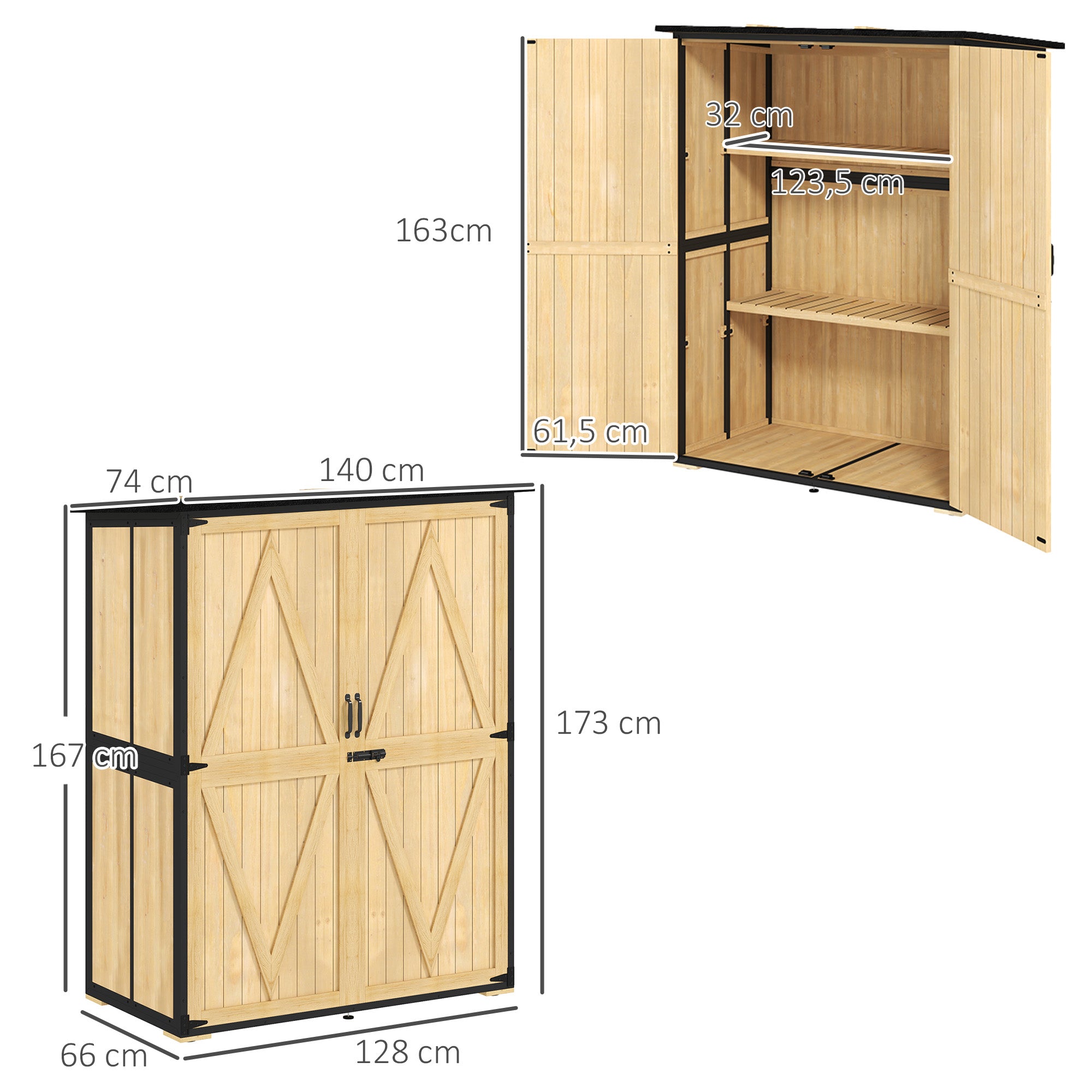 Outsunny Gartenschrank aus Holz und Stahl, Outdoor-Werkzeugschrank mit Asphalt-Dach, 2 Regale, verschließbare Türen, Naturholz