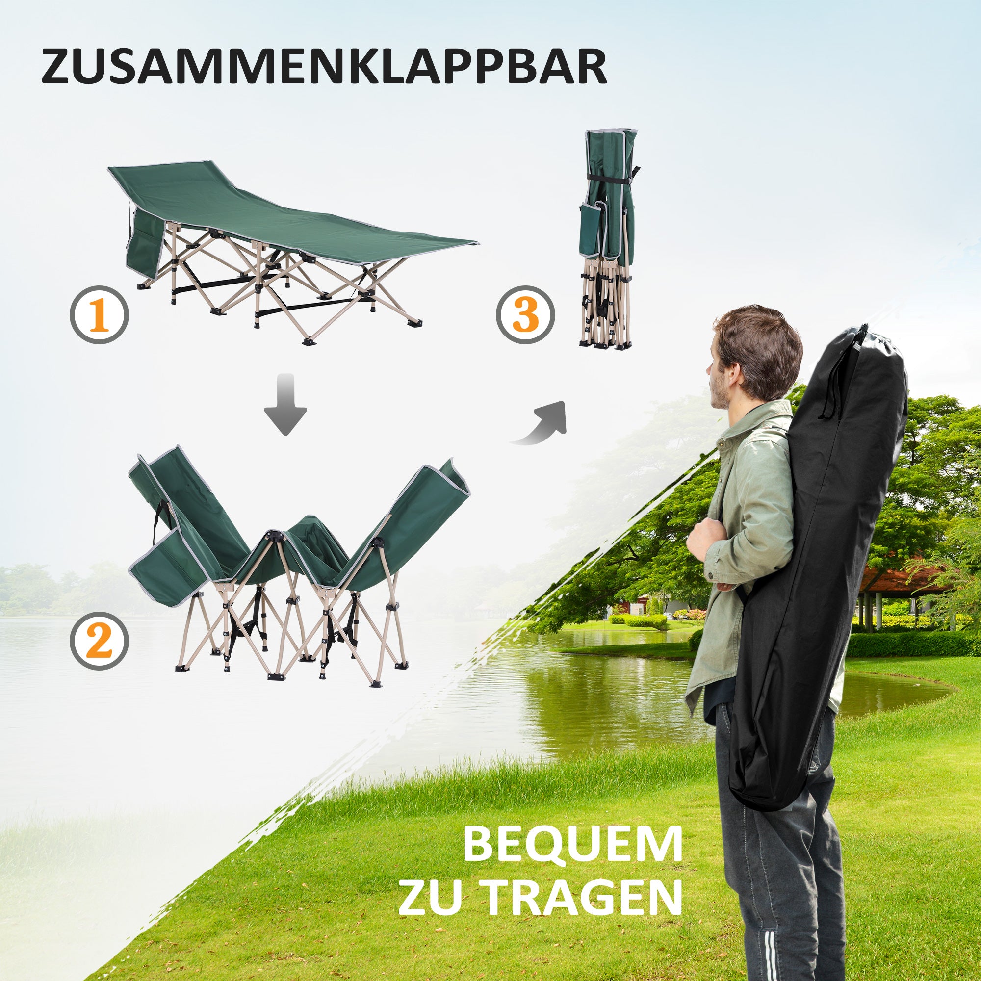 Outsunny Feldbett, Camping-Bett, klappbar, wetterbeständig, ink. Tragetasche, 190 cm x 68 cm x 52 cm, Grün + Beige