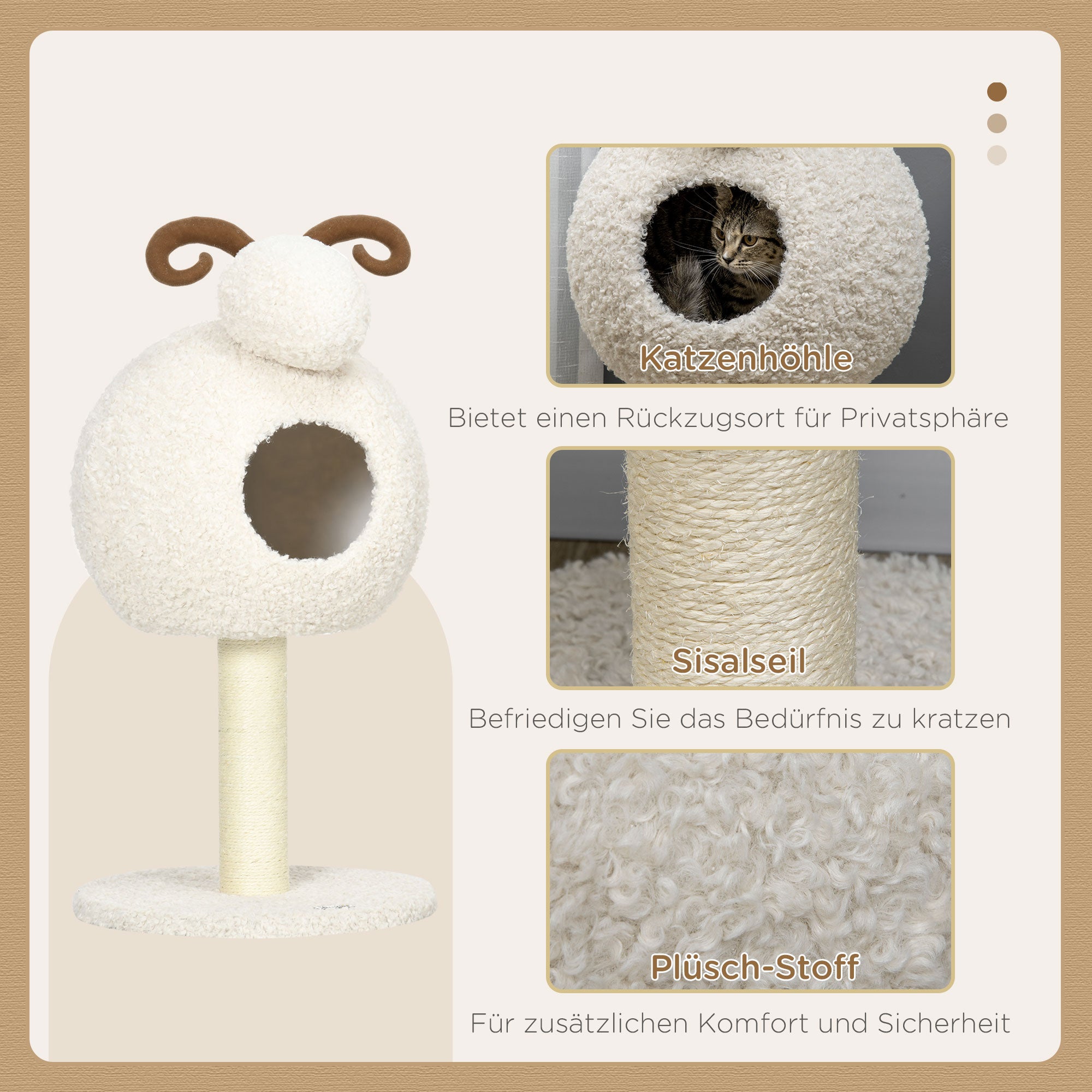 HOMCOM Kratzbaum für Katzen, Schafdesign inkl. Katzenhöhle u. Kratzstamm, waschbares Kissen, Cremeweiß + Braun