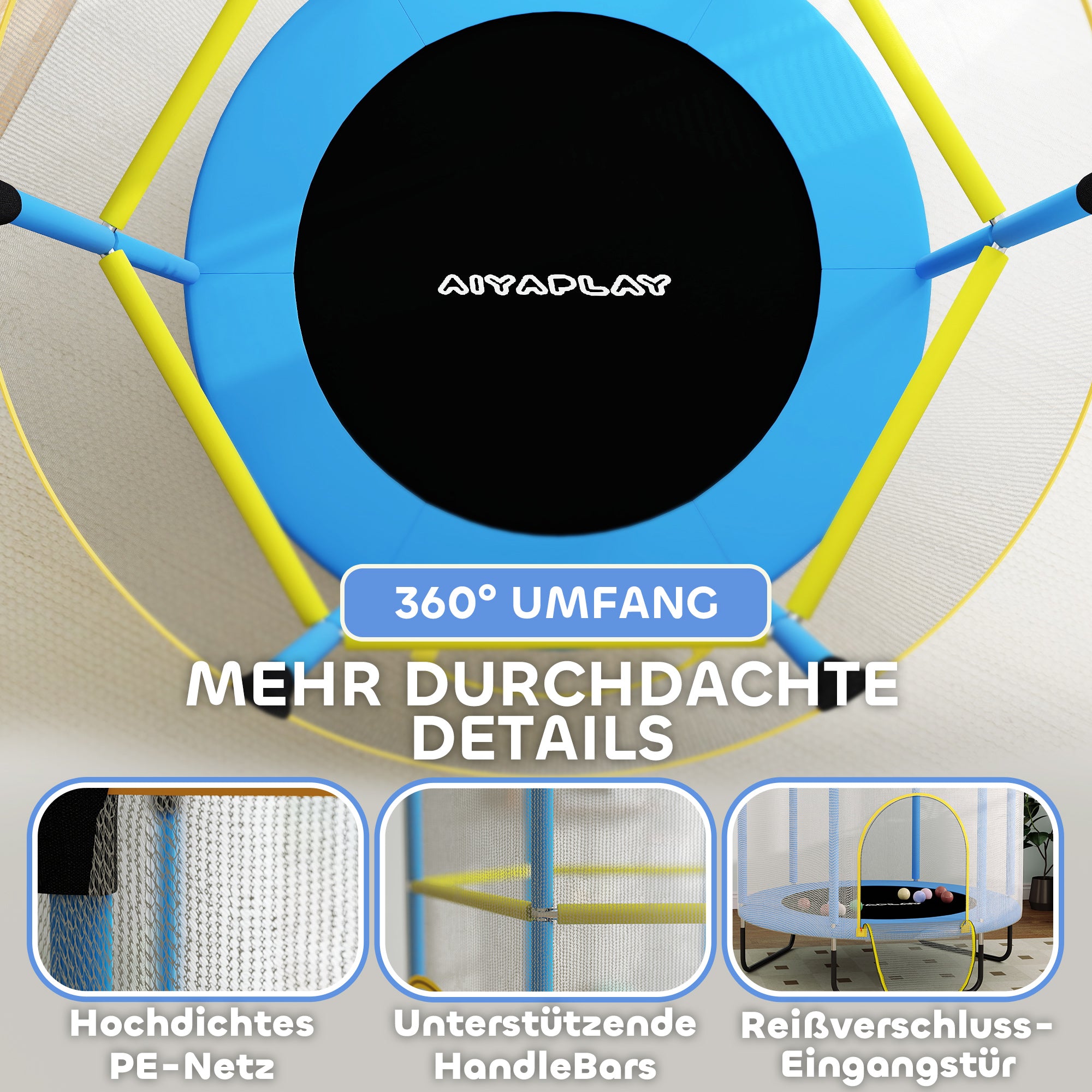AIYAPLAY Kindertrampolin, Sicherheitsnetz, rutschfeste Beine, Reißverschlusseingang, Bunt