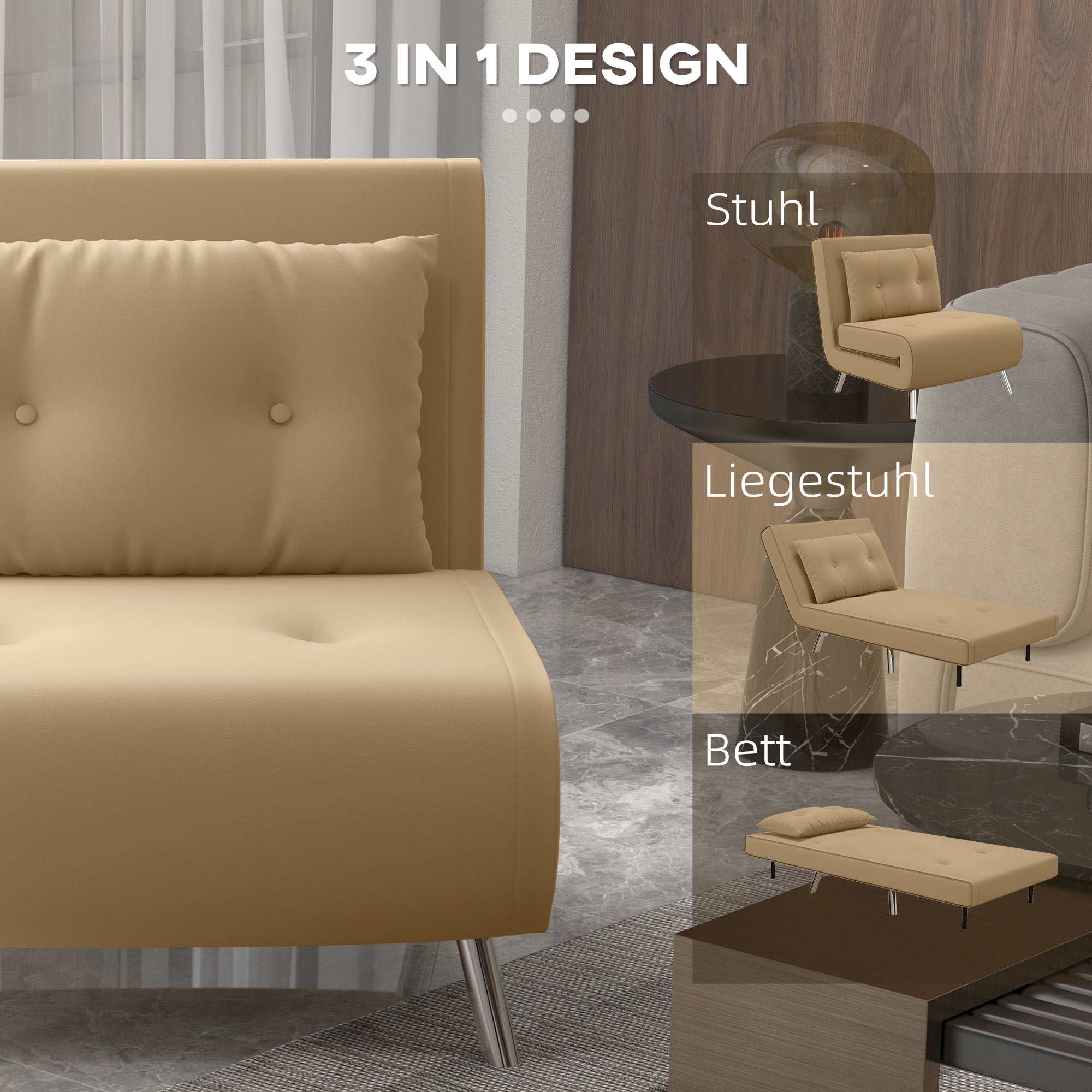 HOMCOM Liegesessel Sessel mit Liegefunktion Schlafsessel, Knopfheftung, Leinenoptik, 77 cm x 88 cm x 83 cm, Braun