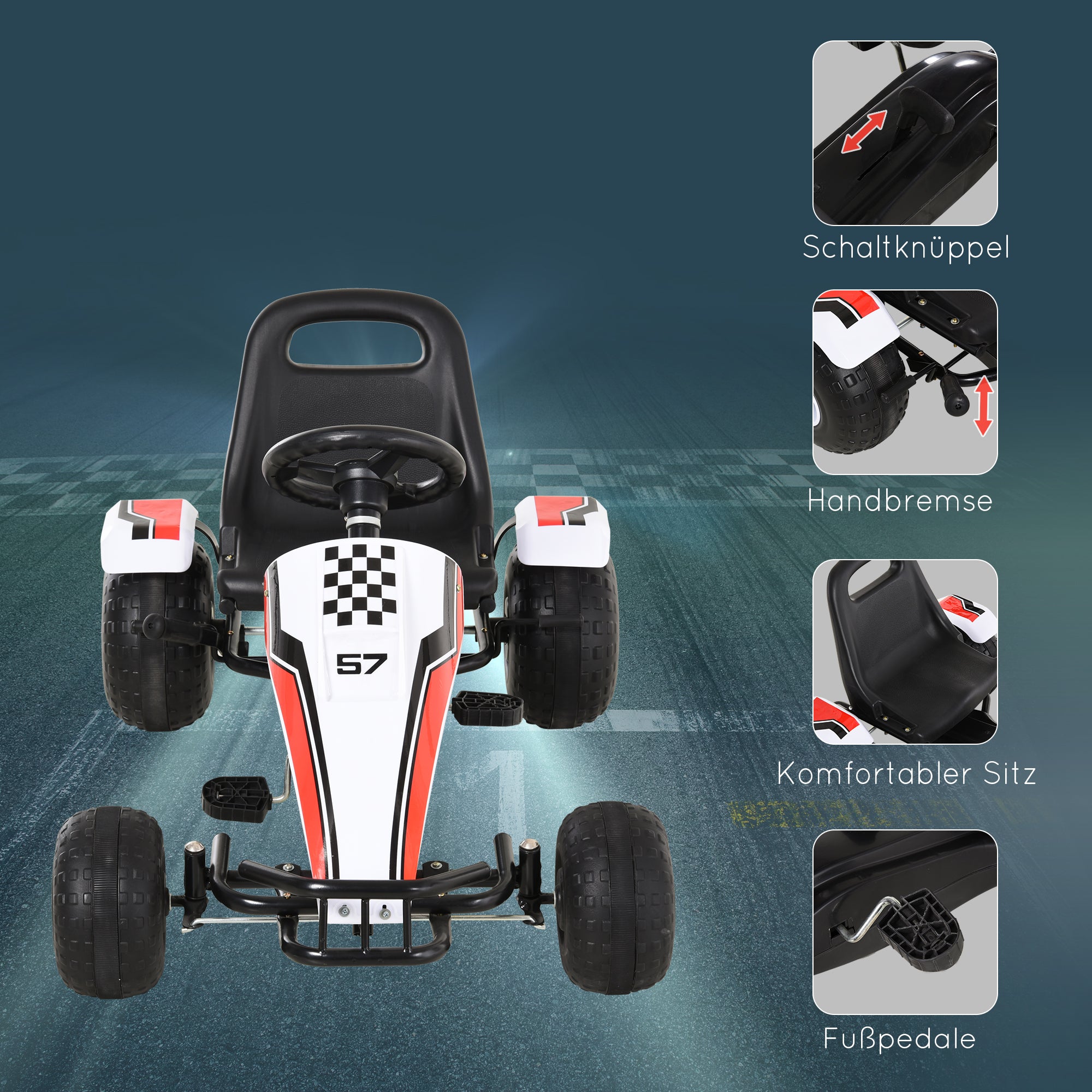HOMCOM Go Kart Kinderfahrzeug Tretauto mit Pedal Bremsen Kinderspielzeug für 3-6 Jahre Stahl Weiß 104 x 66 x 57 cm