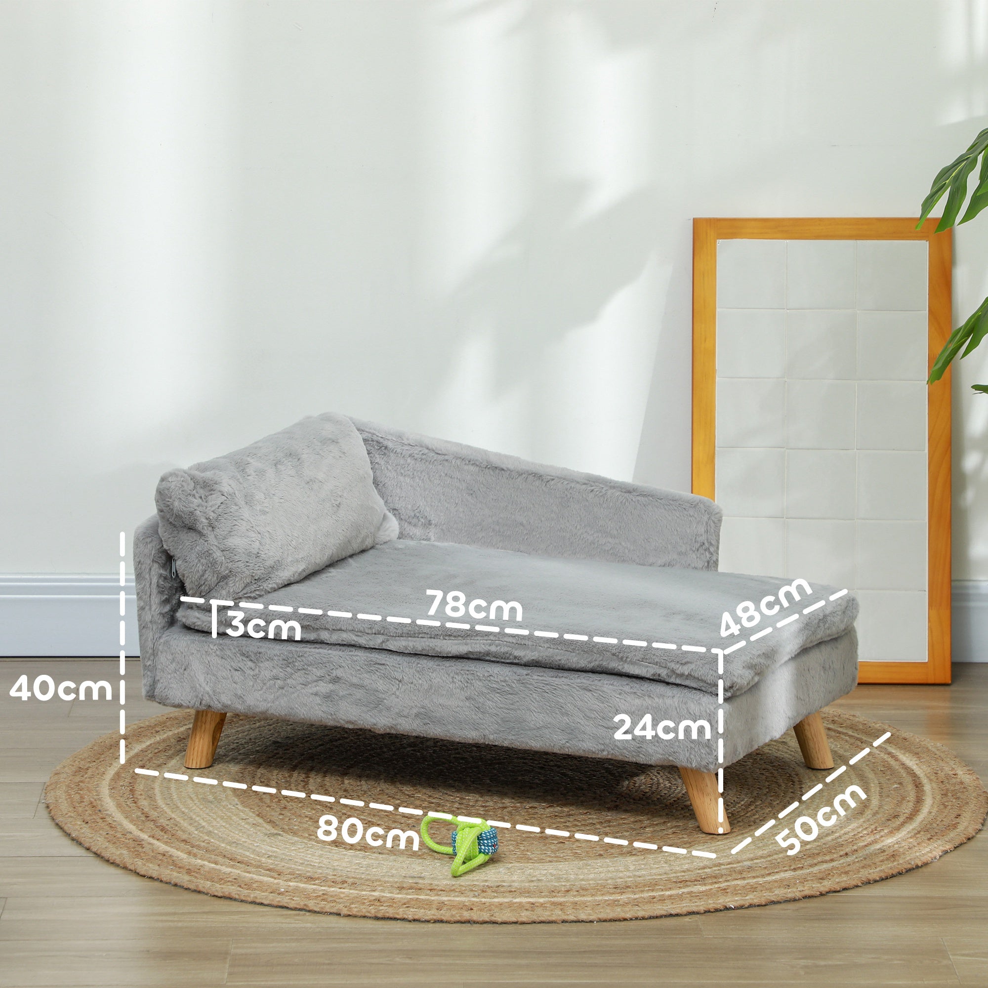 PawHut Hundebett, Hundesofa, waschbarer Plüschbezug, bis 20 kg, 80 x 50 x 40 cm, Hellgrau
