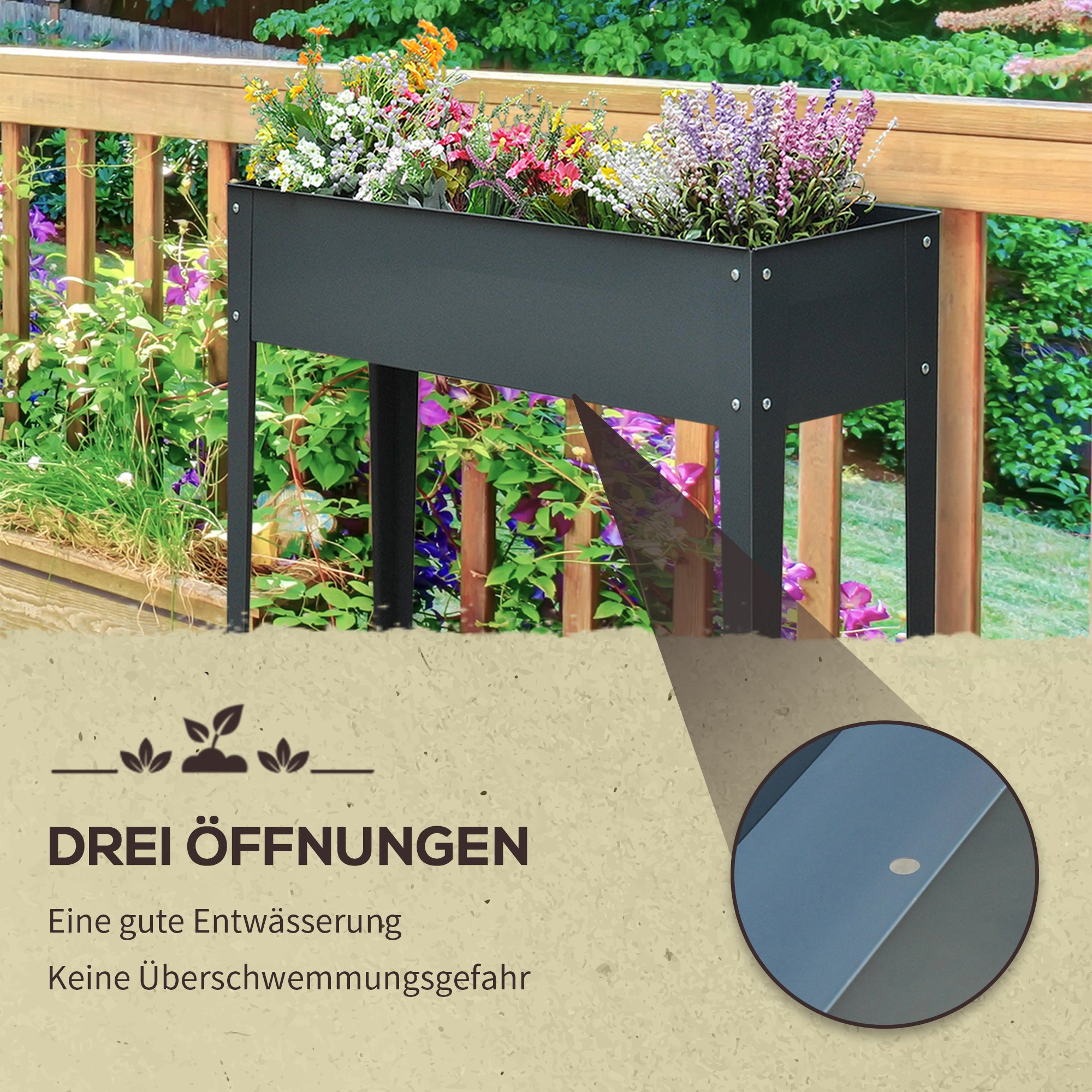 Outsunny Hochbeet, Kräuterbeet, Pflanzkasten mit 3 Abflusslöchern, Blumenkasten mit Füßen, Metall, 100 x 30 x 80 cm
