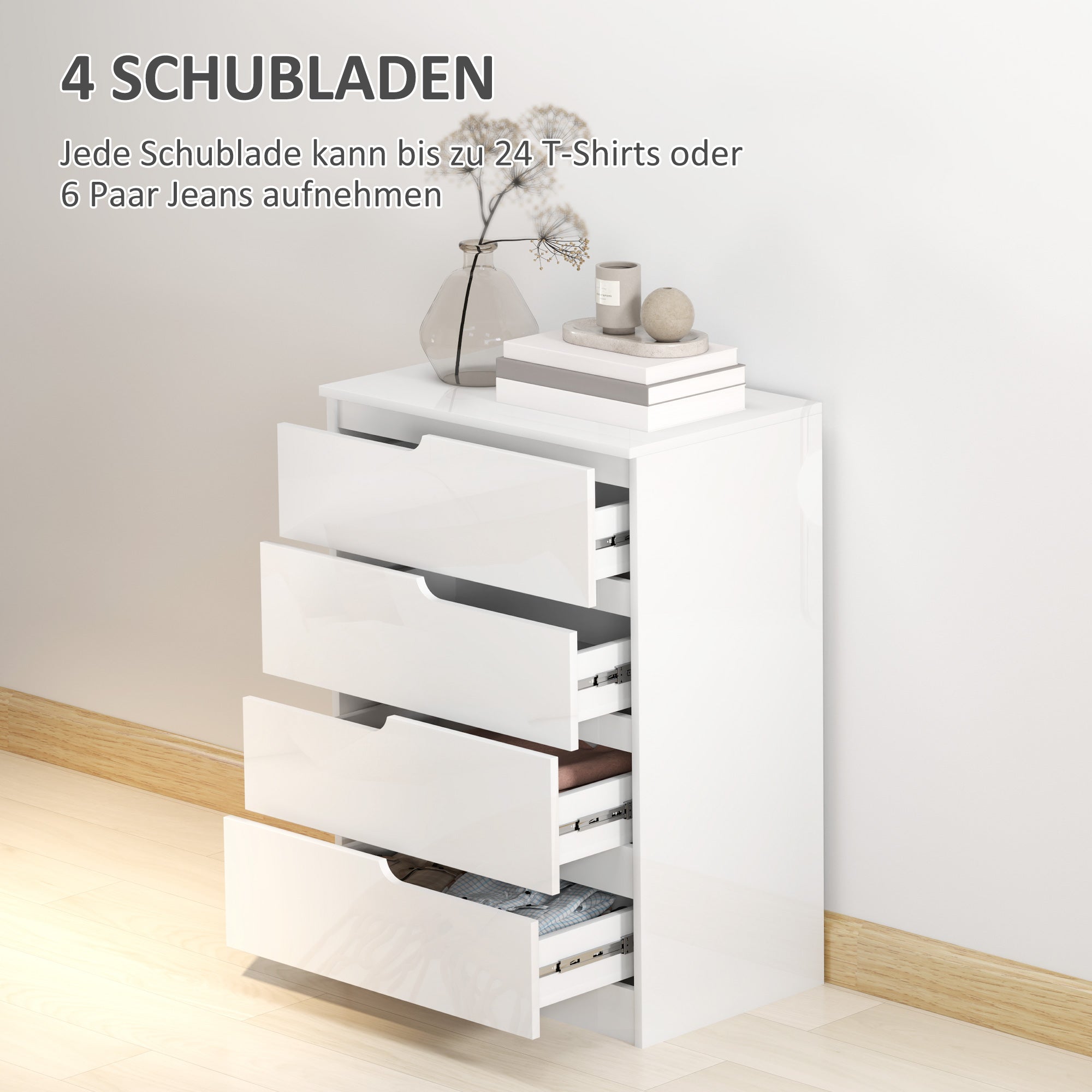 HOMCOM Moderne Kommode, Kleiderschrank, 4 Schubladen, Holz, Kippschutz, Fußpolster, Weiß