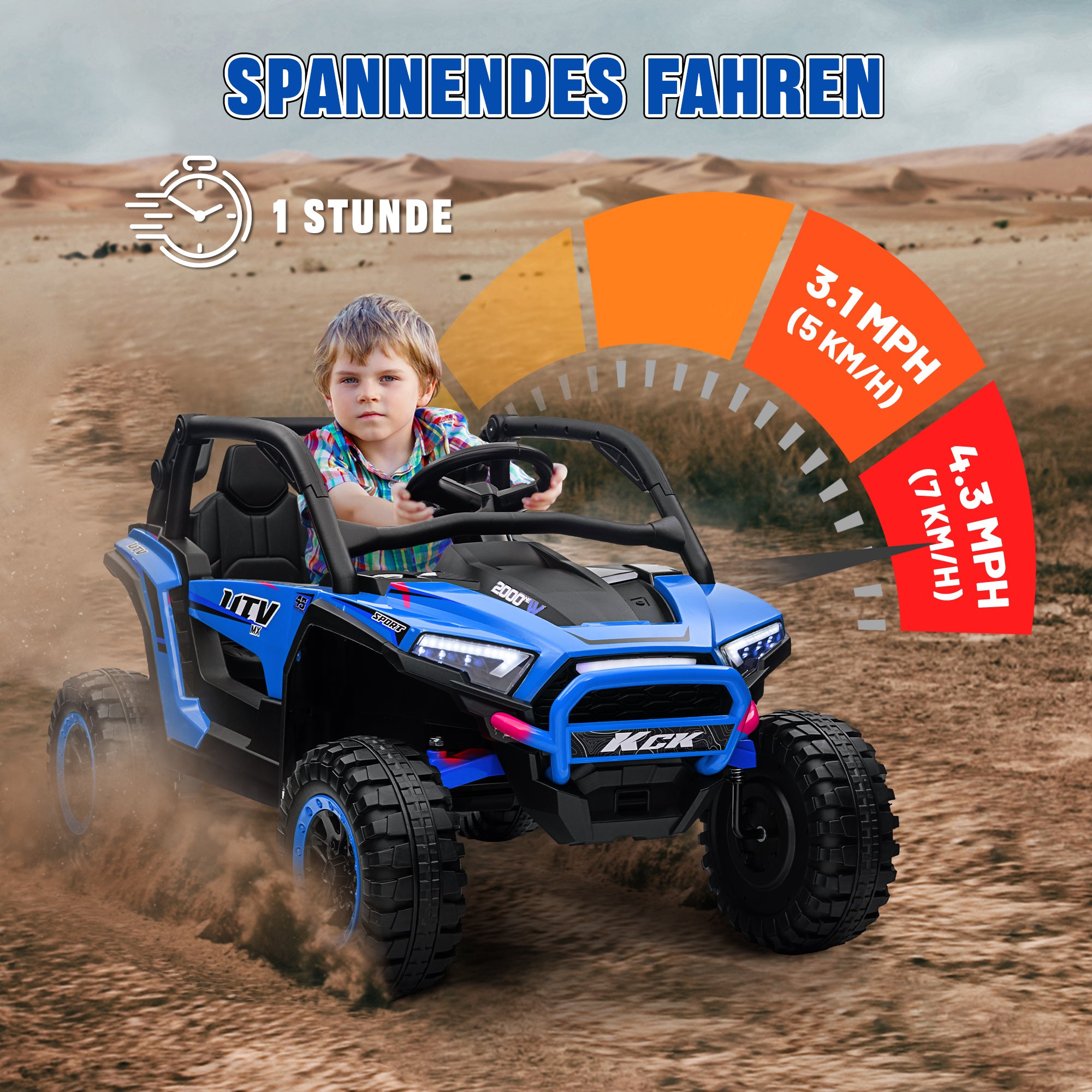 AIYAPLAY Kinderauto Elektro-UTV, 5-7 km/h, 2-Sitzer, Fernbedienung, Musik, Lichter, 1h Fahrtdauer, Blau