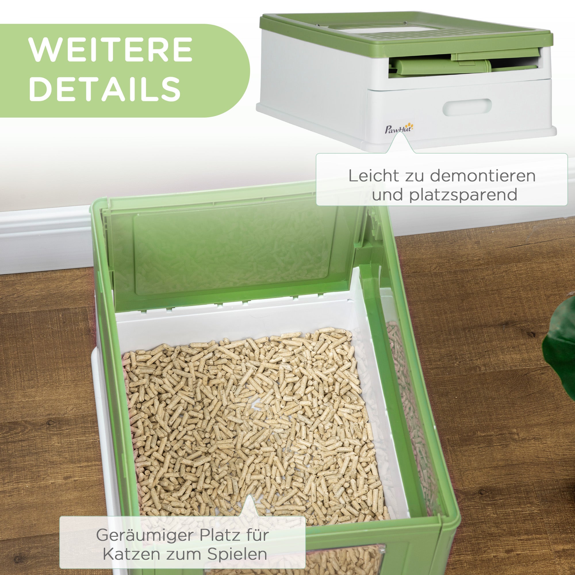 PawHut Katzentoilette, klappbar, 2 Türen, Streuschaufel, 47,5x35,5x36,7cm, Weiß/Grün