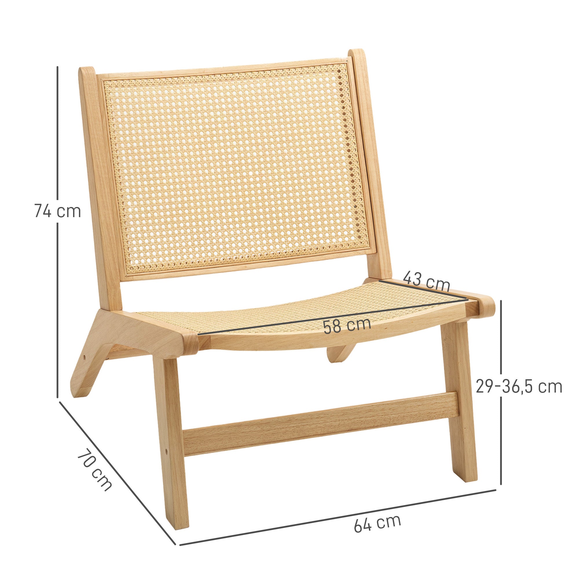 HOMCOM Rattanstuhl, Lesestuhl, Holzrahmen, breiter Sitz, 64 x 70 x 74 cm, Naturholz