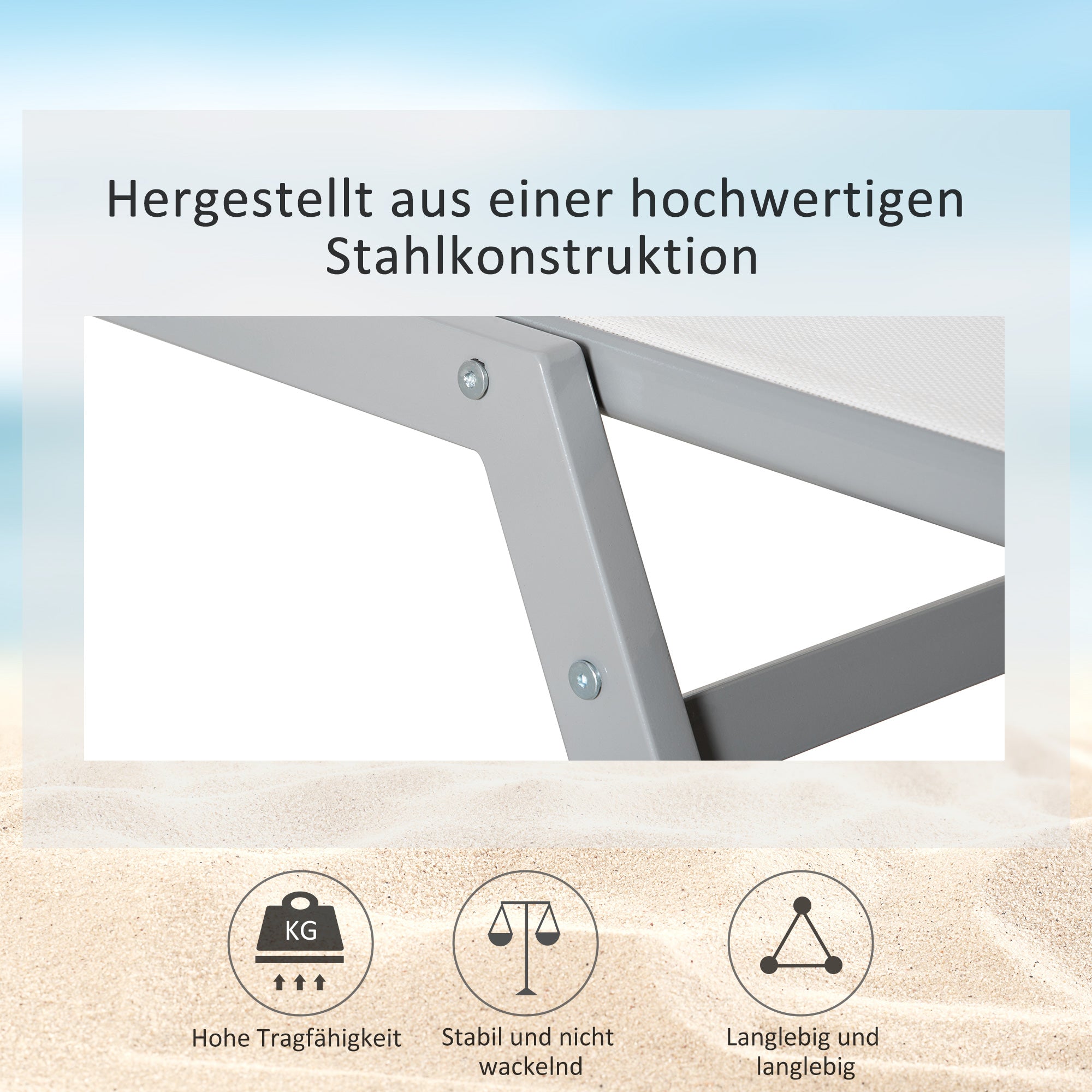 Outsunny Garten-Sonnenliege Relaxliege mit 5-stufige Rückenlehne aus Metall Cremeweiß 170 x 58 x 97 cm