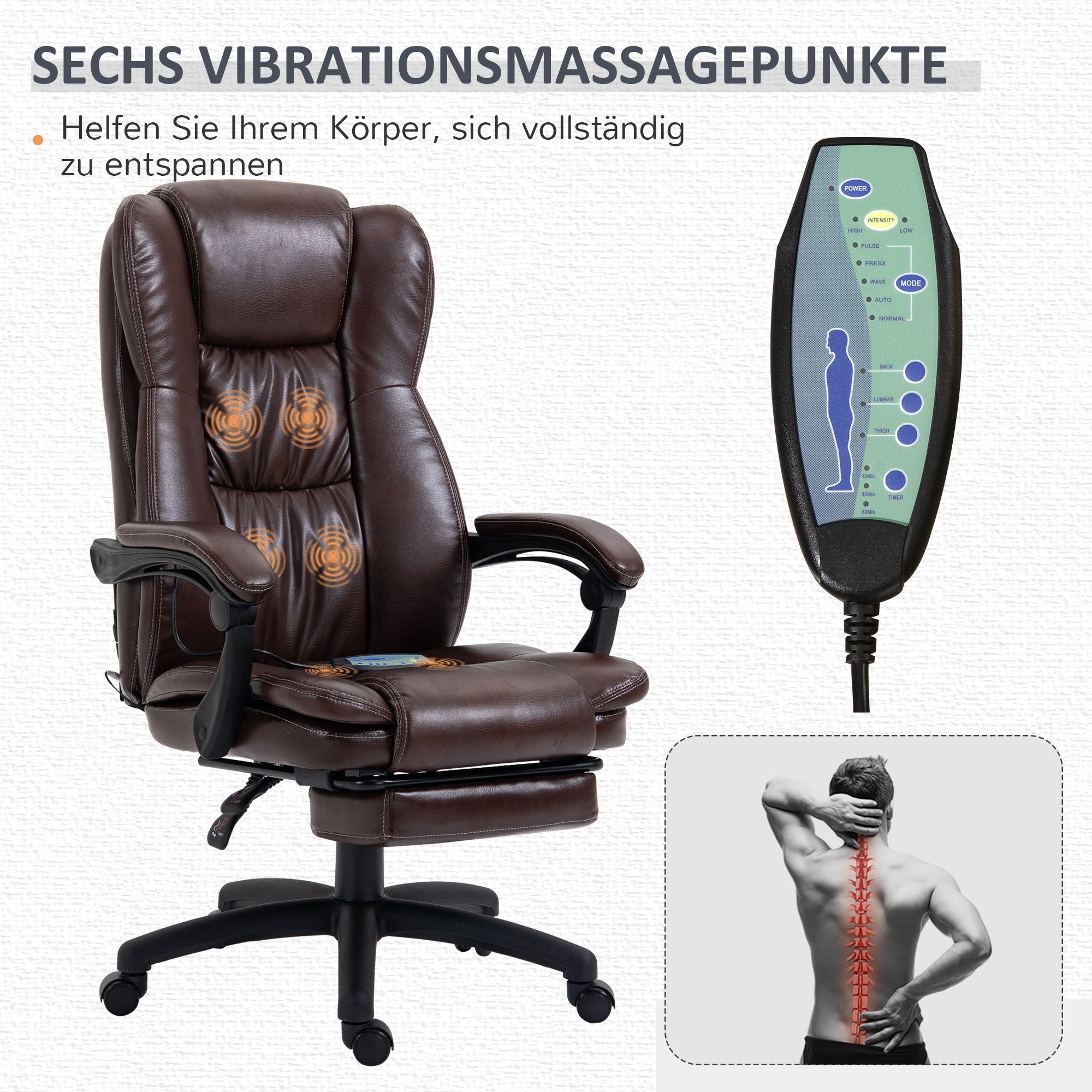 Vinsetto Verstellbarer Drehstuhl mit Fußstütze, Kopfstütze, Massagefunktion, Kunstleder, 68,5x68,5x113-121cm, Braun