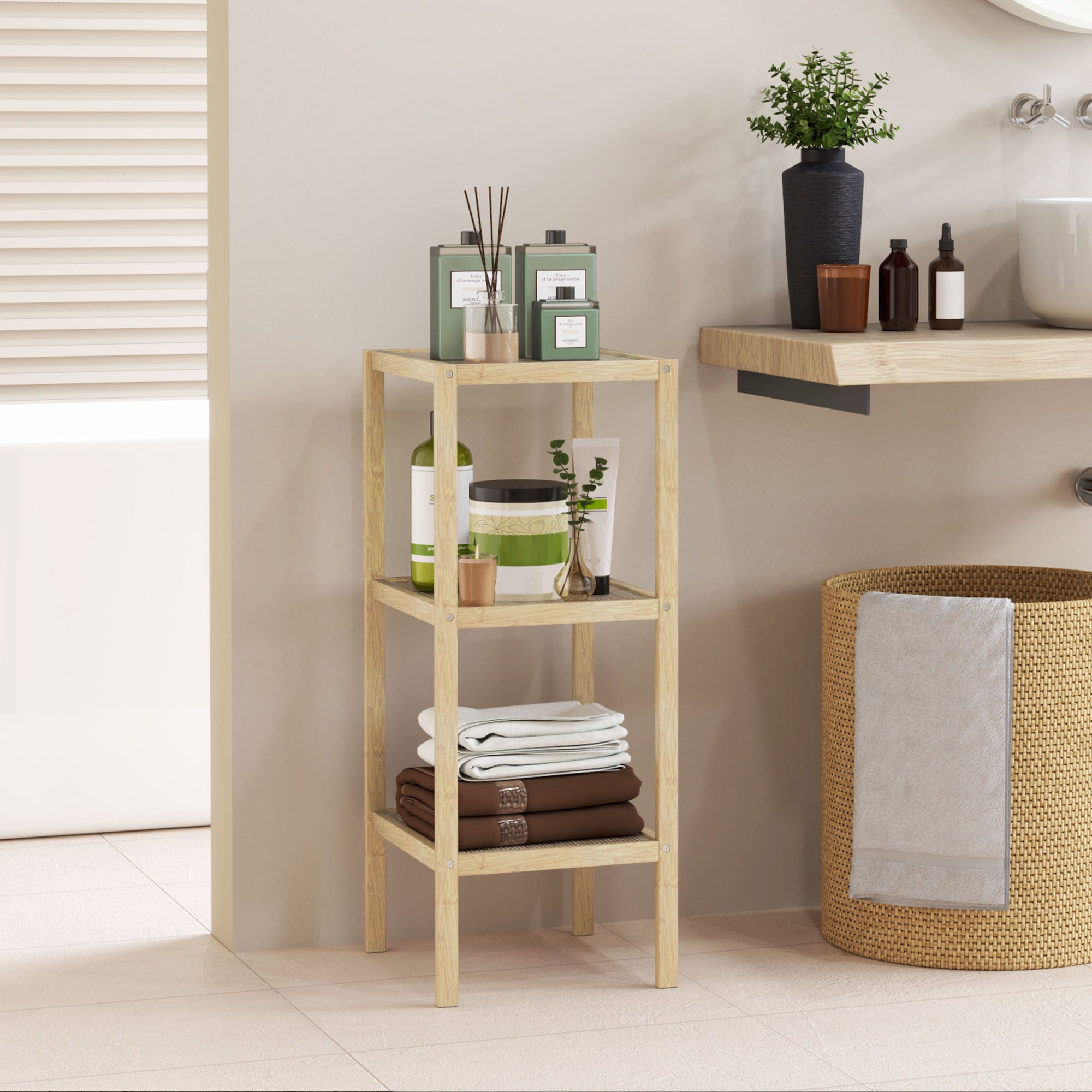 HOMCOM Badezimmerregal, 3 Etagen, feuchtigkeitsbeständig, Bambus, 33 x 31 x 78 cm