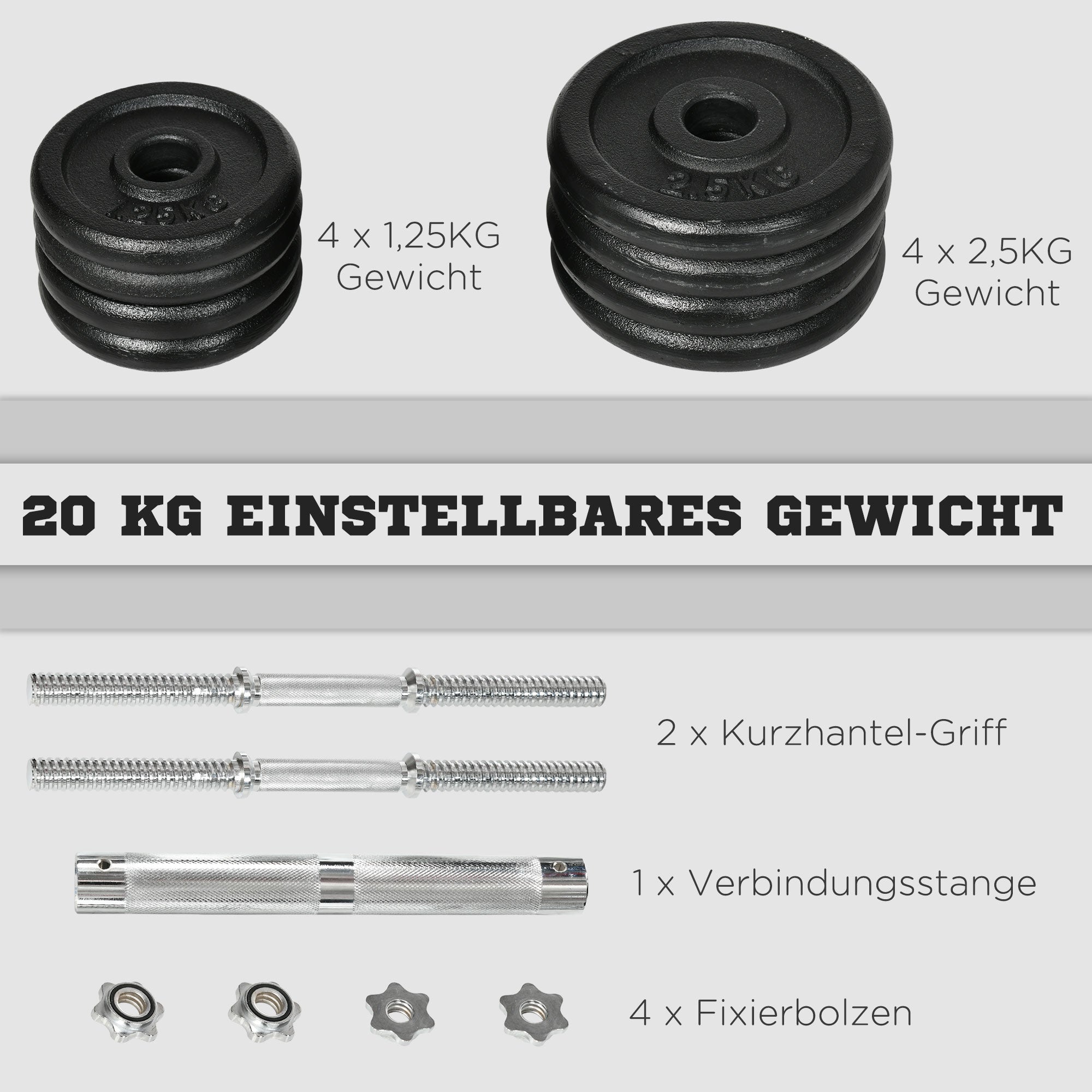 HOMCOM Kurzhantel, Langhantel, 2-in-1, 20 kg, 8 Hantelscheiben, rostfrei, Eisen, schwarz, 95 x 16 x 16Hcm