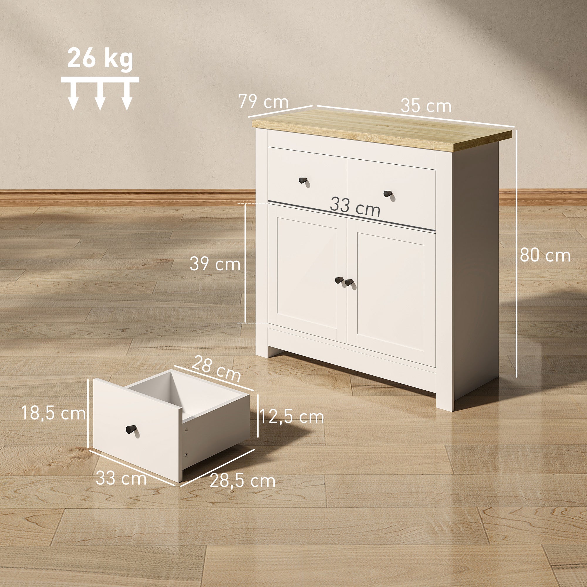 HOMCOM Kommode mit viel Stauraum, Sideboard mit Soft-Close-Türen, 2 Schubladen, verstellbares Regal, Weiß