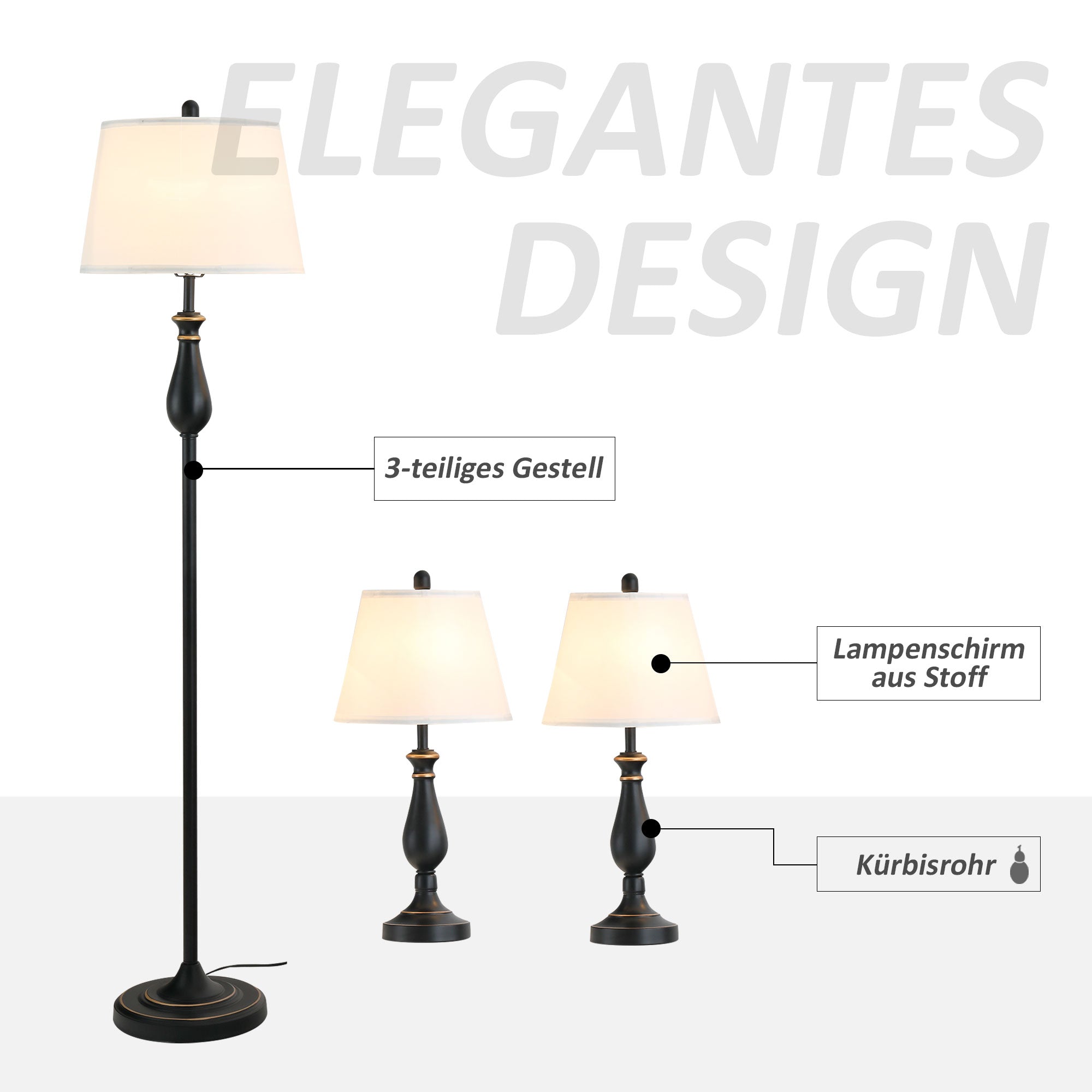 HOMCOM 3er-Lampenset 2 Tischlampe(ø30 x 62H cm) + 1 Stehlampe(ø38 x 158H cm)  Vintage, Schwarz+Weiß, Metall, PS, Polyester, Baumwolle E27 Lampensockel