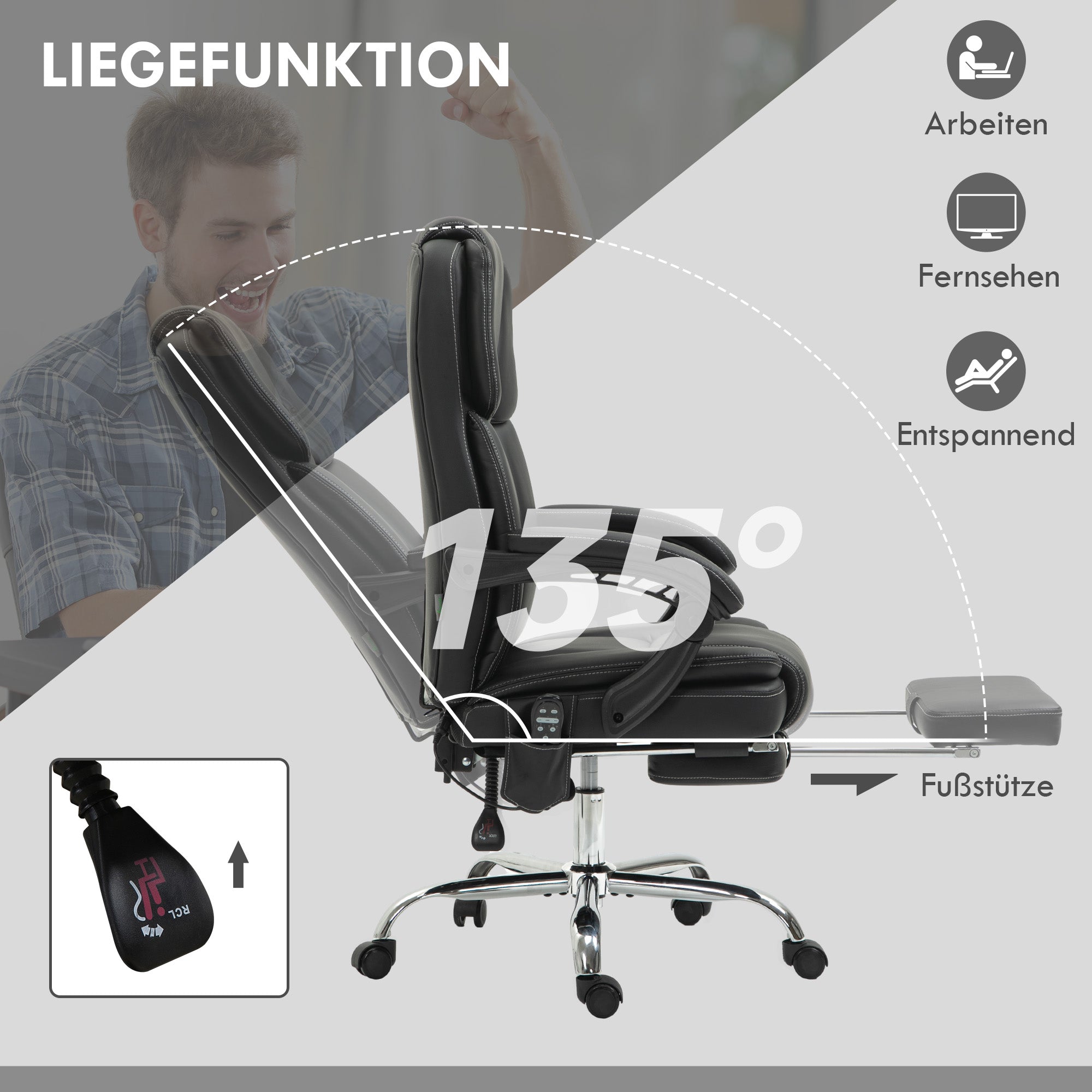 Vinsetto Verstellbarer Bürostuhl mit 6 Massagepunkten, Wärmefunktion, Fußstütze, Kunstleder, Schwarz