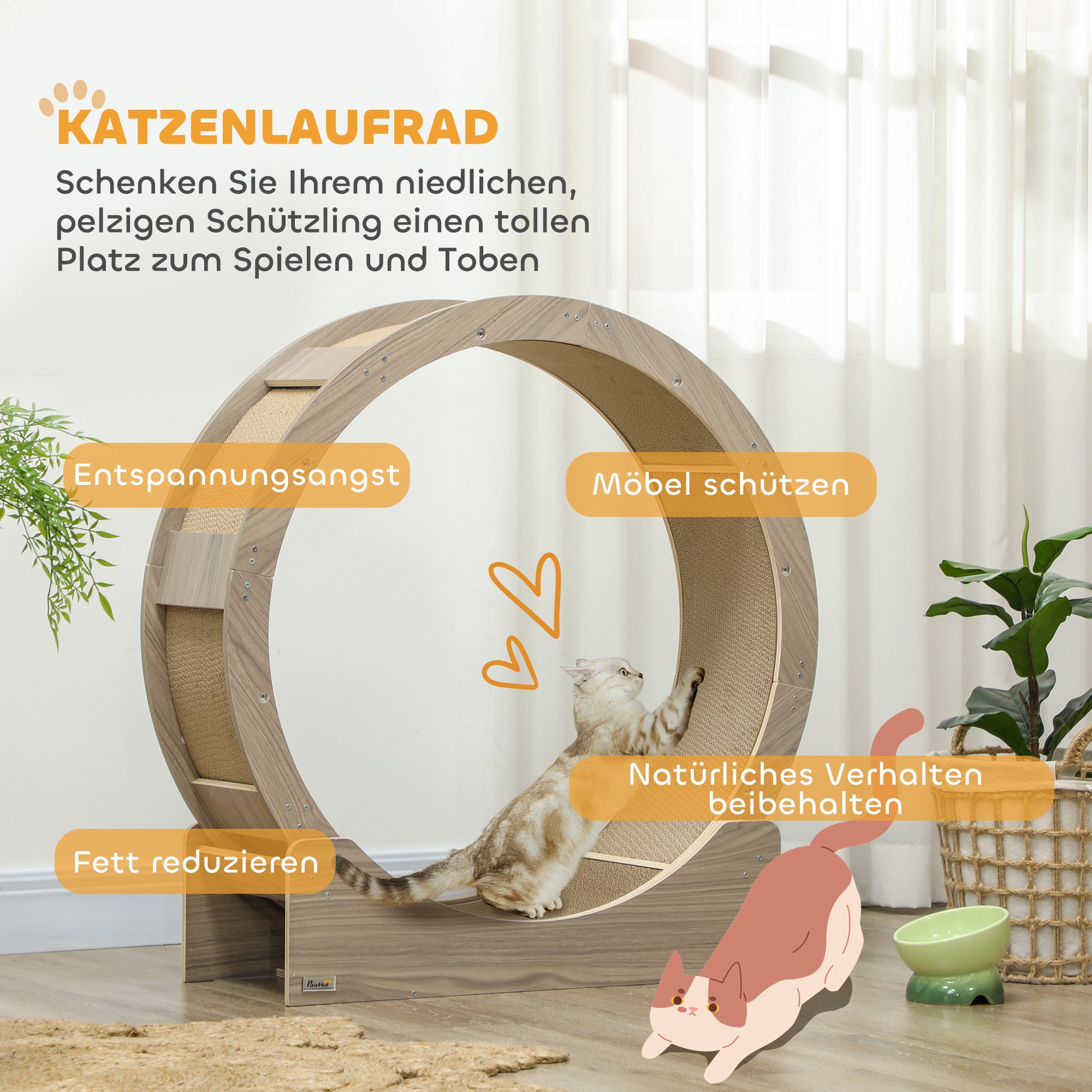 PawHut Katzenlaufrad, Laufrad für Katzen, 91 cm, mit Bremse, Kratzmatte, Katzenrad für gesunde Bewegung, Walnuss