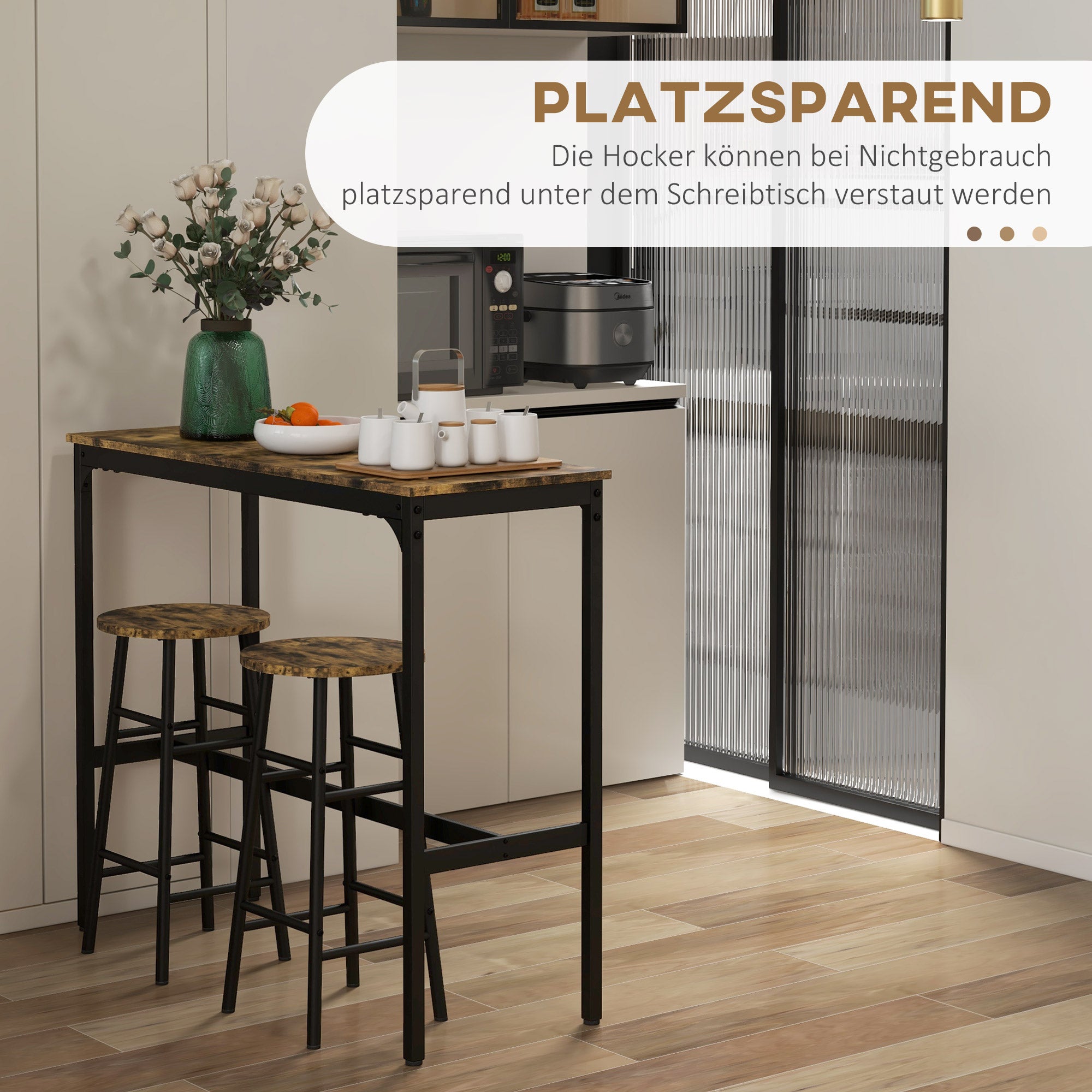 HOMCOM Bartisch mit 2 Stühlen im Industriedesign 2er-Set Barhocker mit Tisch, Industriedesign, 3-teilig, Braun + Schwarz