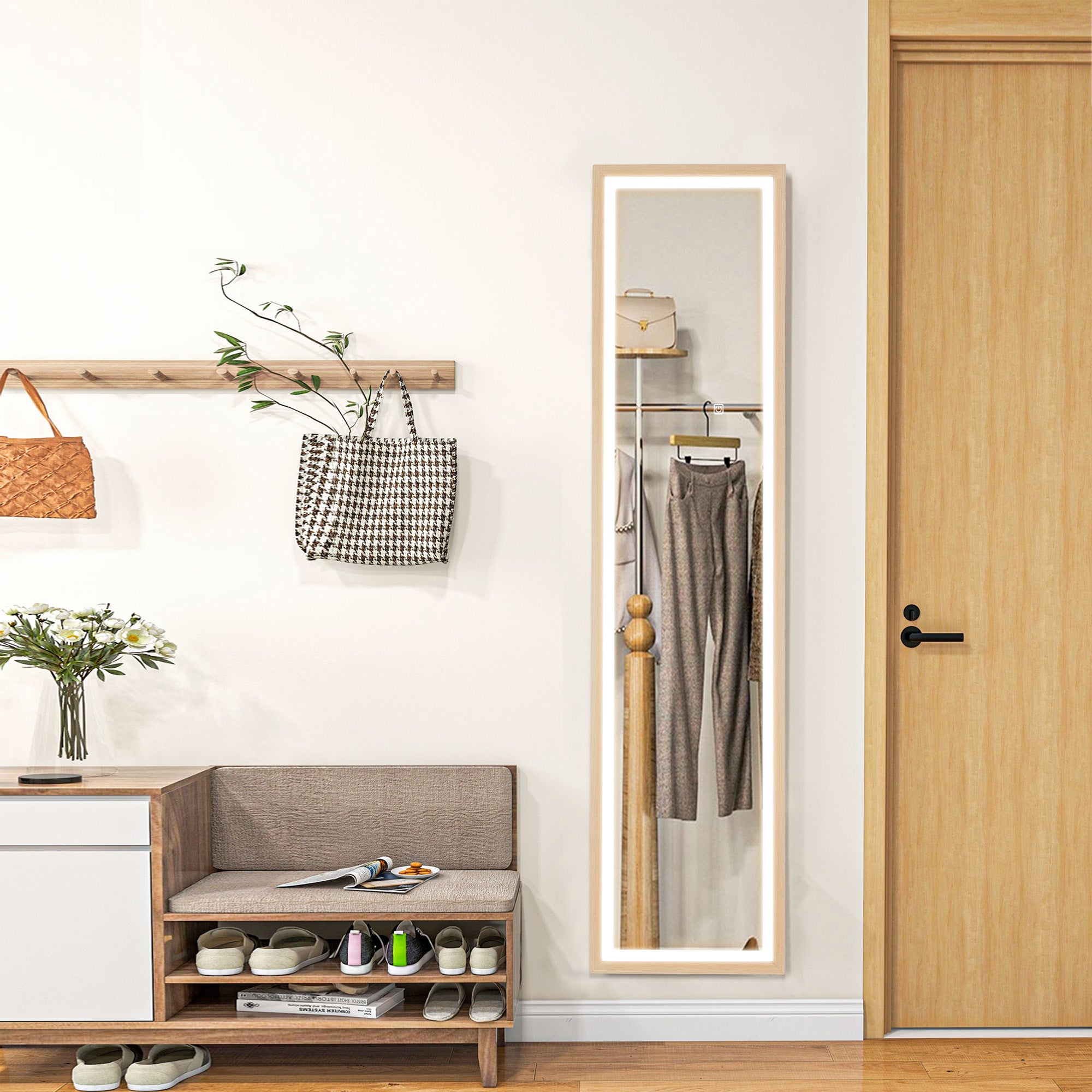 HOMCOM LED Ganzkörperspiegel, 40 x 160 cm, Touch-Steuerung, dimmbar, 3 Farben,  Eiche