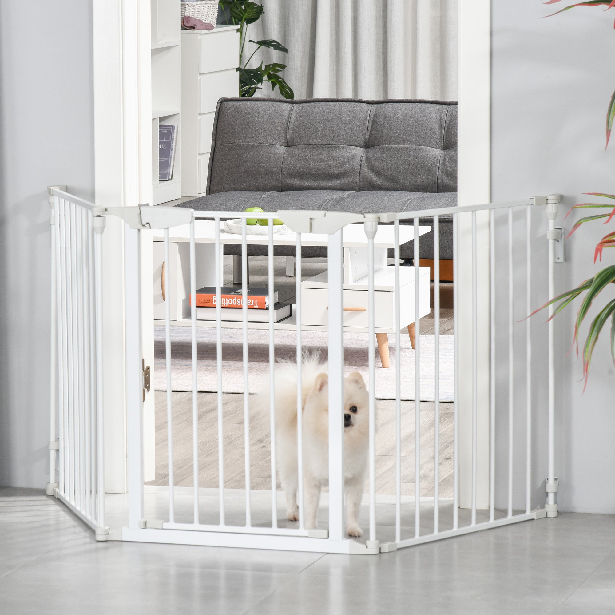 PawHut Absperrgitter für Hunde Schutzgitter Hundegitter Türschutzgitter 3 Elemente inkl. Sicherheitstür, Wandmontierte Haltung für Kamin & Ofen, Metall Weiß 180 x 3 x 74,5 cm