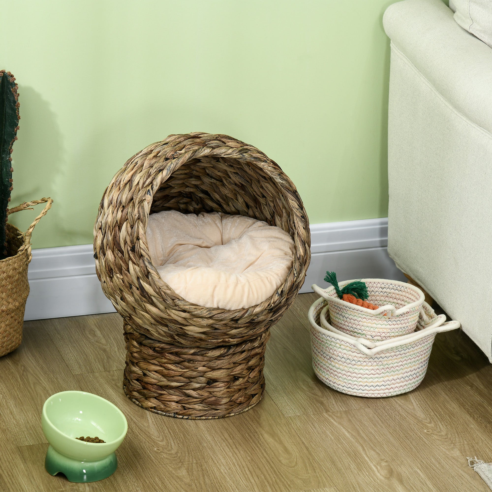 PawHut Rattan Katzenkorb Katzenhöhle Katzenhütte Katzenbett mit Kissen Haustierbett Wasserhyazinthe Kaffee 42 x 33 x 52 cm