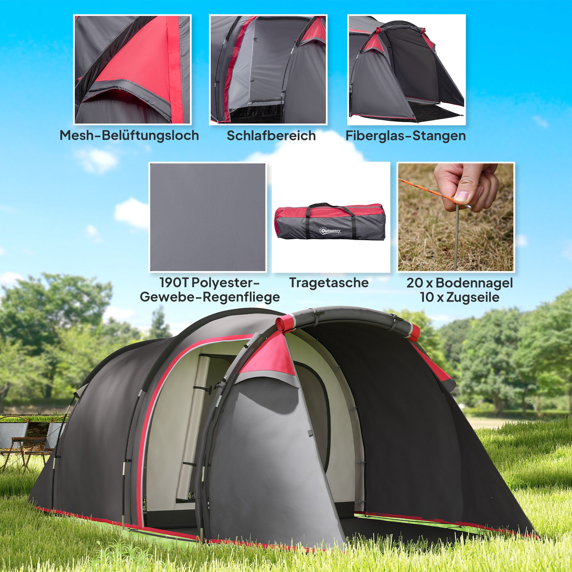 Outsunny Campingzelt, Wurfzelt für 2-3 Personen, Vorraum & Schlafbereich, wasserdicht, 426 x 206 x 154 cm, Grau
