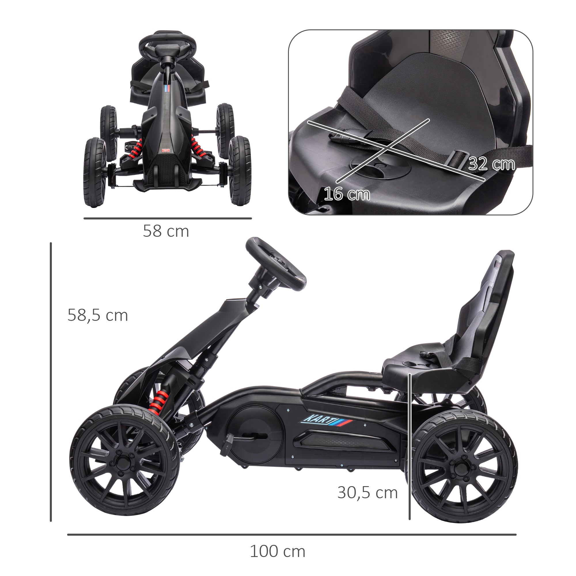HOMCOM Go-Kart, Kinderfahrzeug mit verstellbarem Sitz, Tretfahrzeug, Tretauto mit Handbremse, 3-8 Jahre, Outdoor, Schwarz