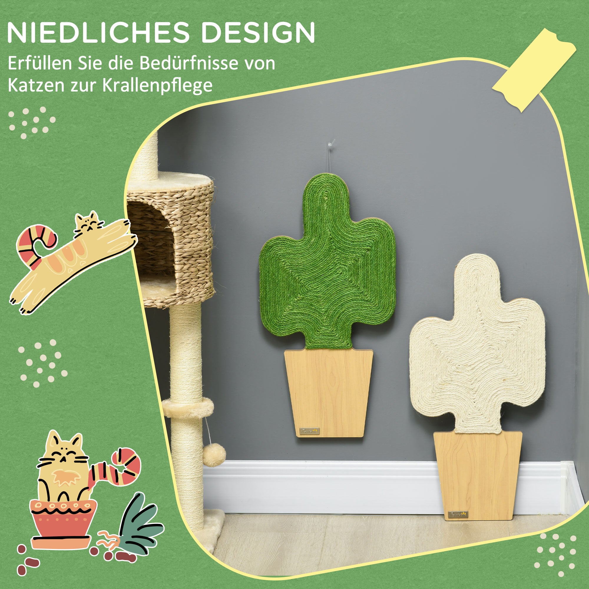 PawHut 2er-Set Kratzbäume Kratzstämme, Kakteen-Design zur Befestigung an der Wand, 30 cm x 60 cm, Eiche+Weiß+Grün