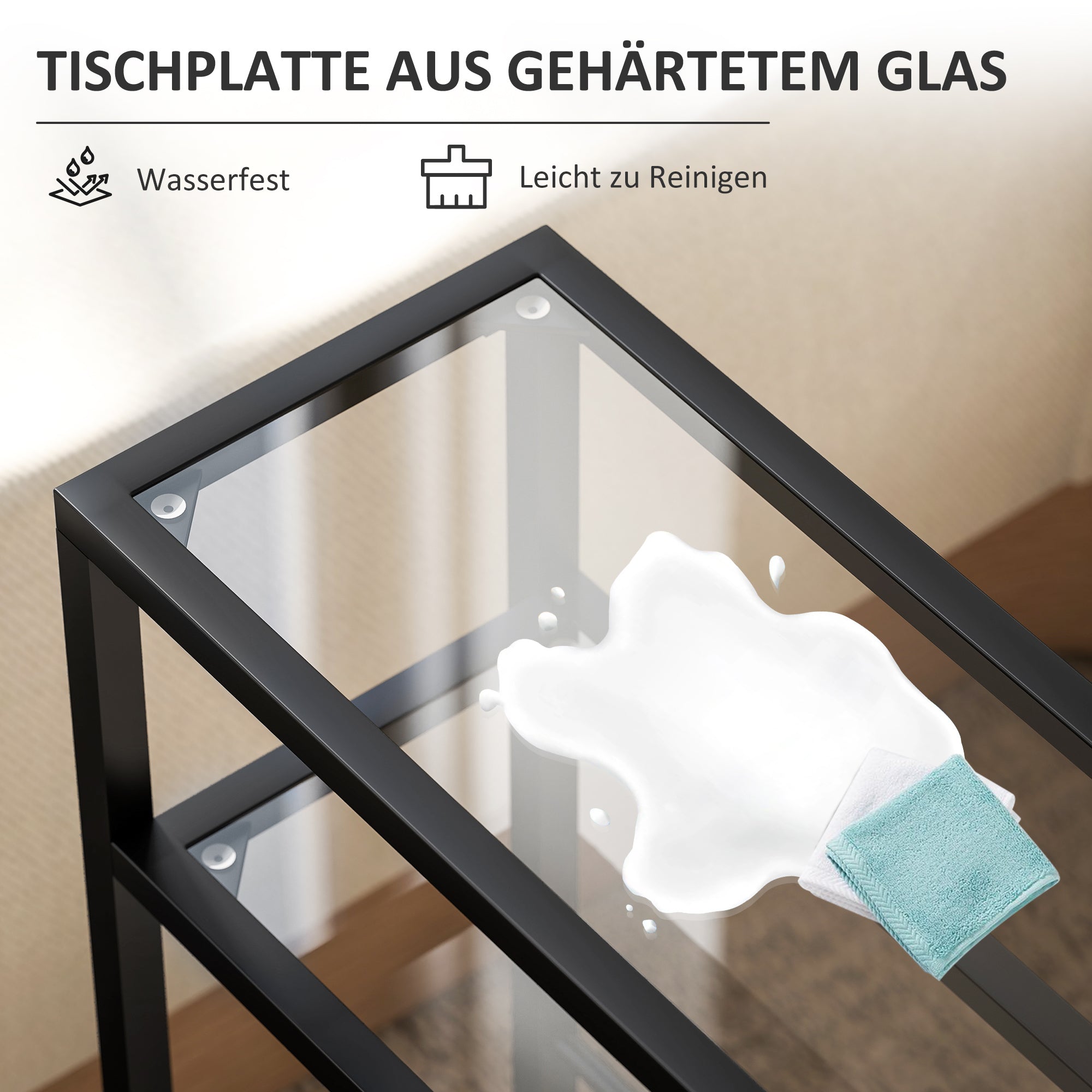 HOMCOM 3-stufiges Regal mit Glasplatten, 18 cm breit, Stahlrahmen, Querstangen, Schwarz