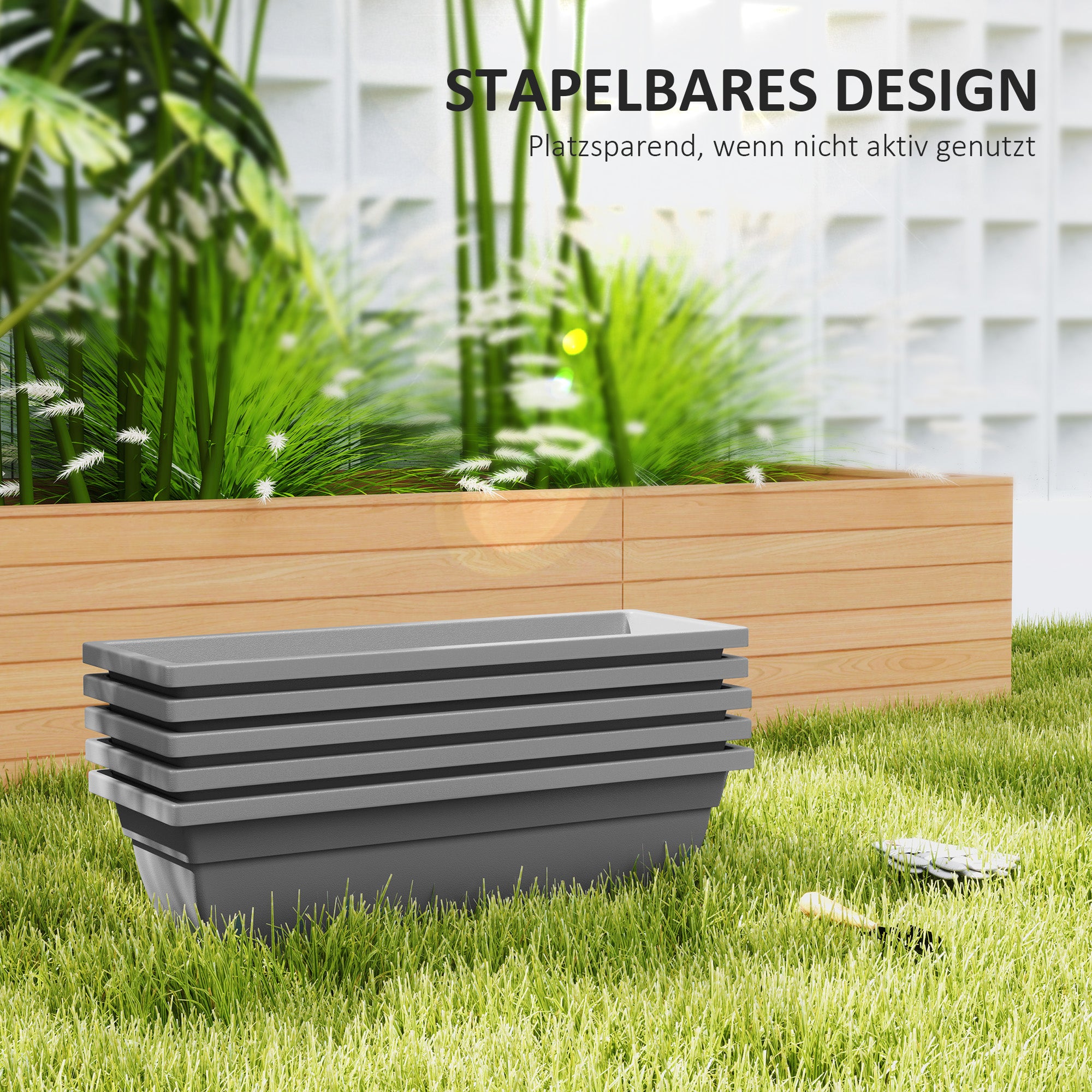 Outsunny 5er-Set Blumentöpfe, Pflanzengefäße aus Kunststoff für Terrasse, Garten, Balkon, 59 x 21 x 16 cm, Grau