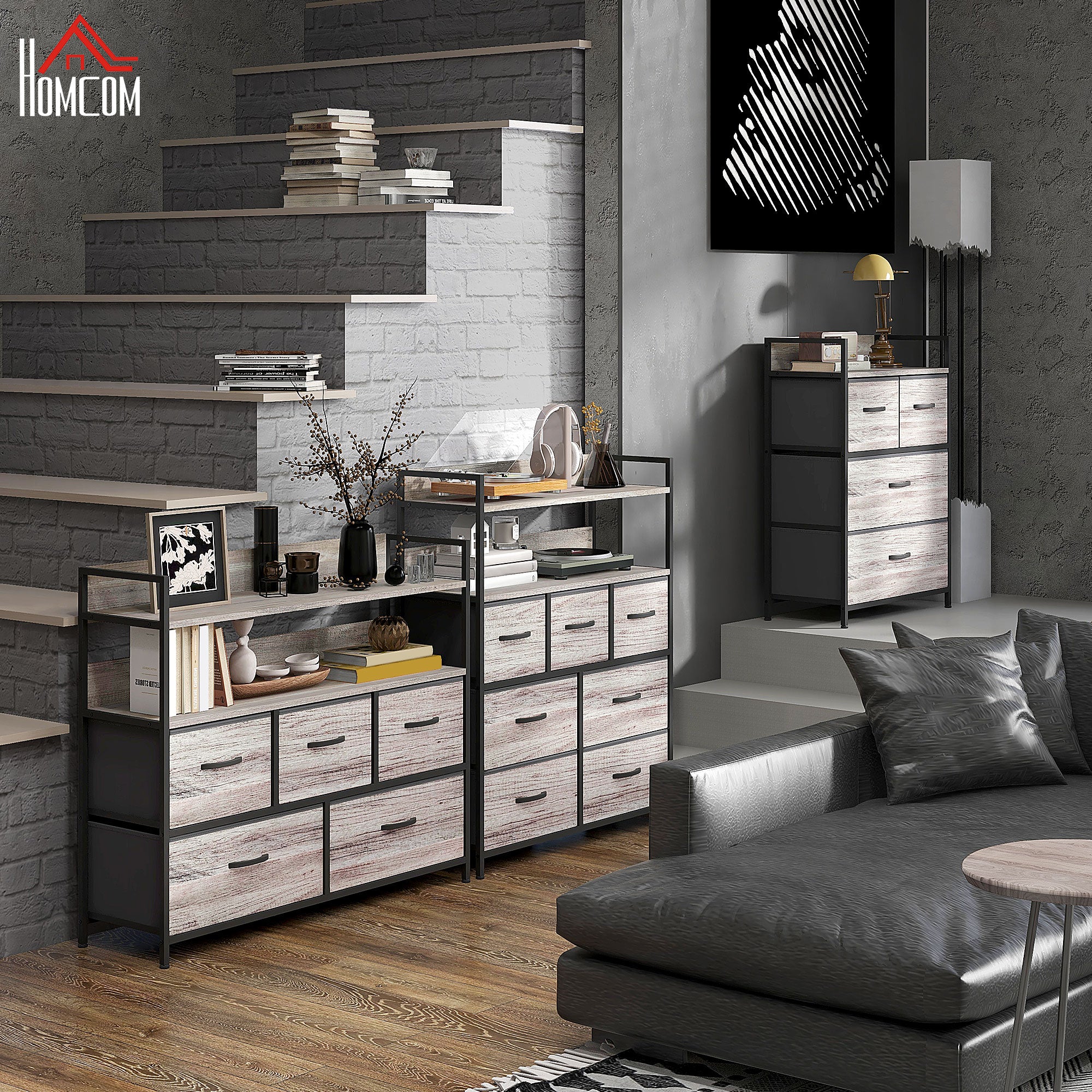 HOMCOM Stoff-Kommode, 5 faltbare Schubladen, 2 Regale, Stahlrahmen, 98 x 29 x 85 cm, Grau