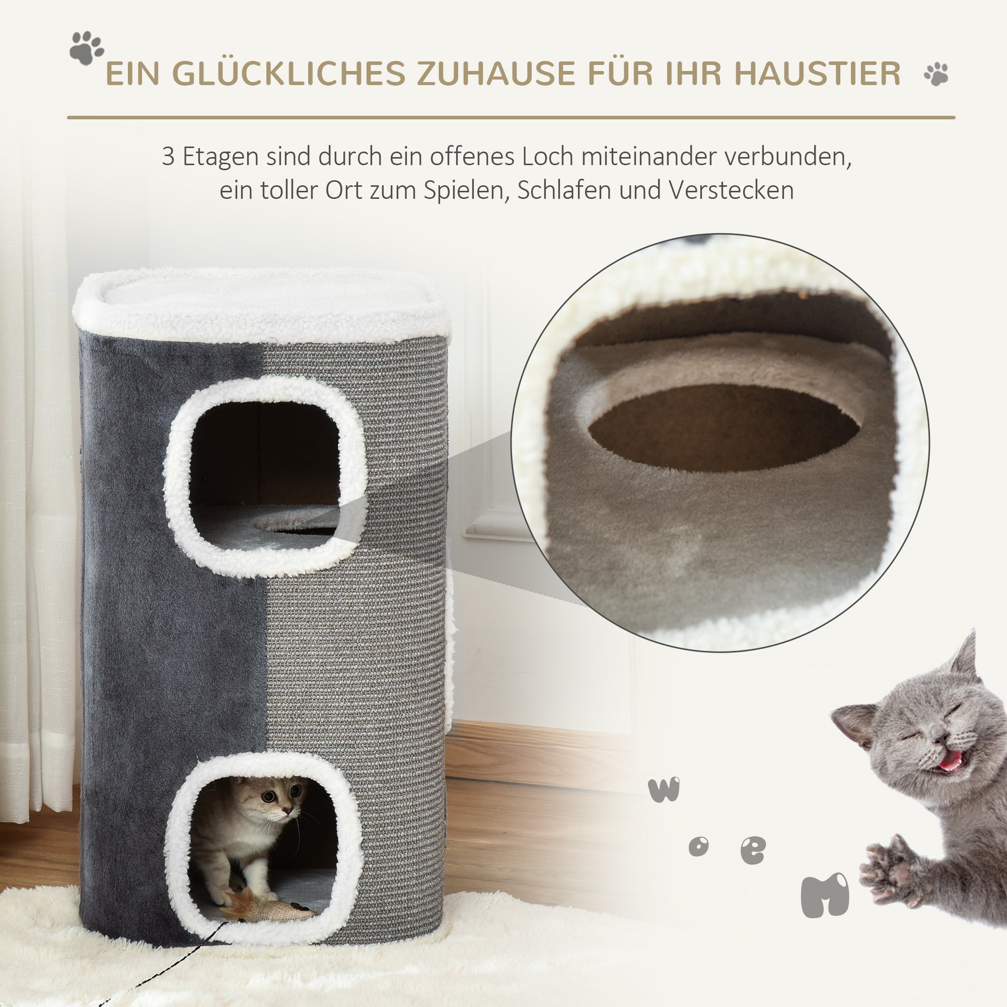 PawHut Kratztonne für Katzen Katzenkratzbaum 3 Ebenen Katzenbaum Kletterbaum für Katzen Katzenmöbel Spanplatte samtartiges Polyester Sisal Grau+Weiß 40 x 40 x 74 cm