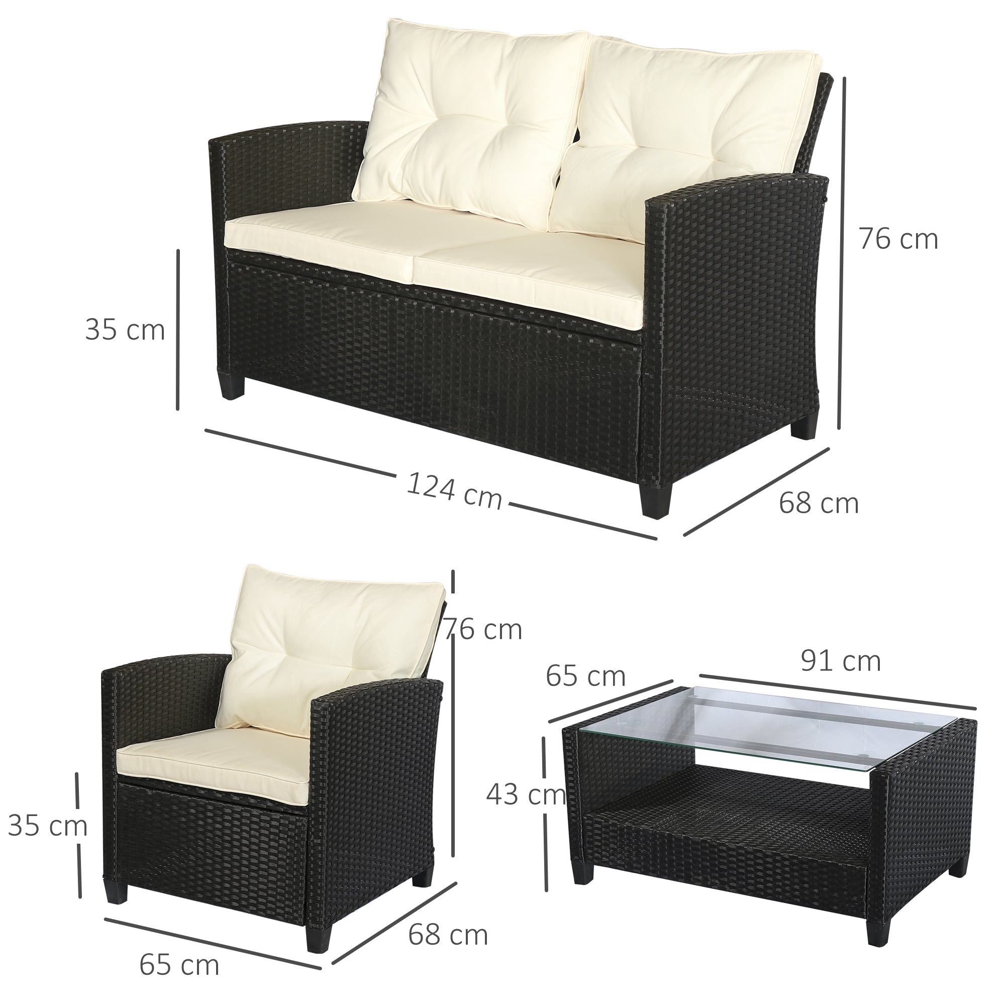 Outsunny Gartenmöbel-Set, 4-tlg., 3 Sofas, Beistelltisch, Sitzkissen, Alurahmen, Kunstrattan, Schwarz