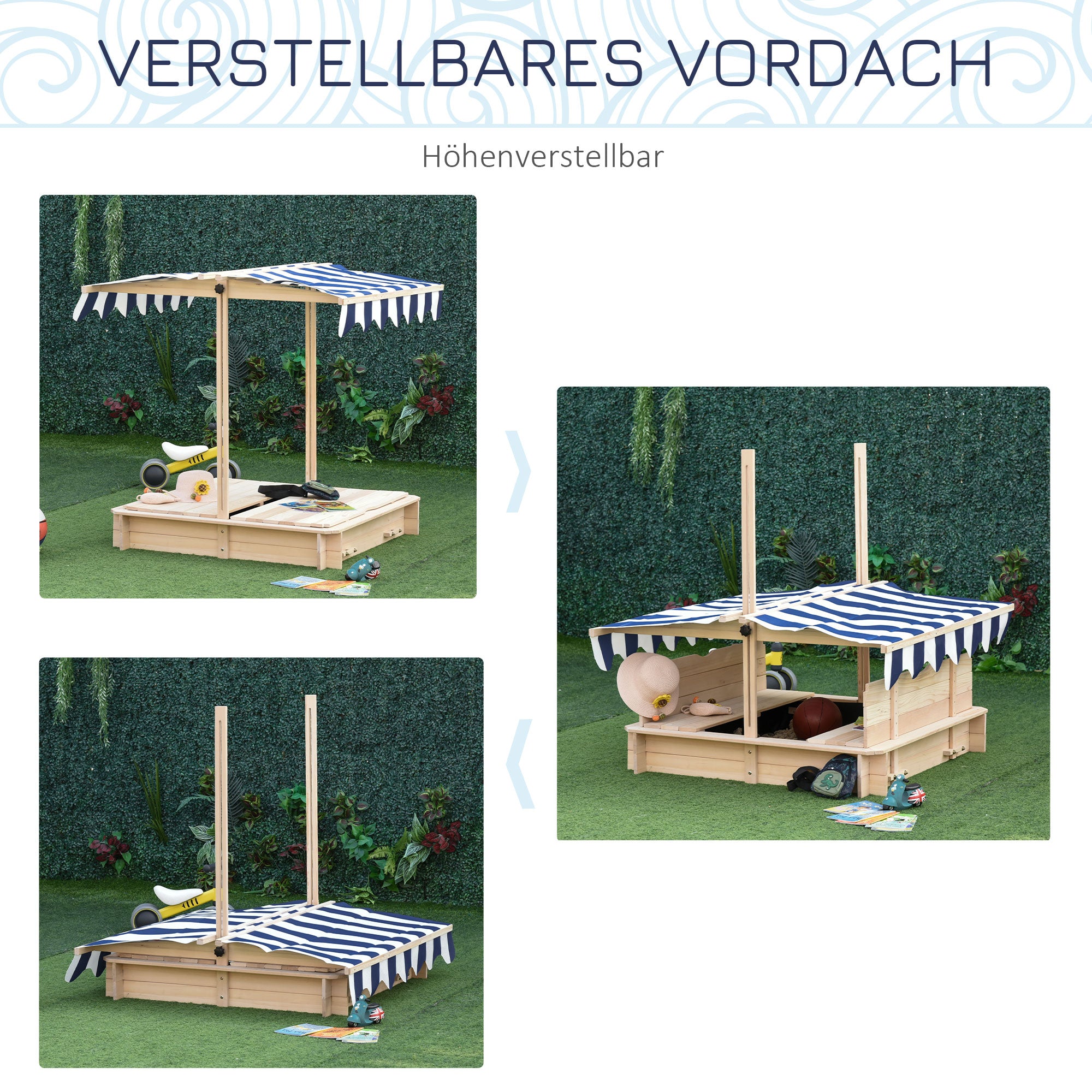 Outsunny Sandkasten Sandkiste aus Holz für Garten Sandkasten mit Dach Felix Kindersandkasten mit Dach abnehmbar Rücklehnen verstellbar Tannenholz 3-7 Jahren 106 x 106 x 115 cm Natur
