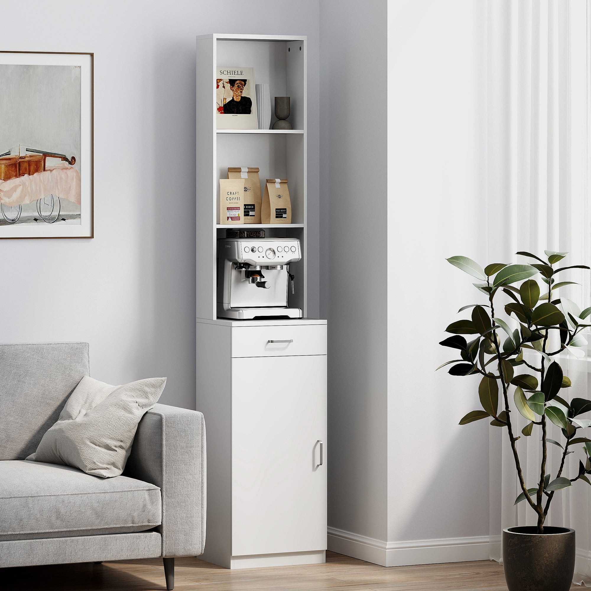 HOMCOM Hoher Badezimmerschrank, schmales Design, Schublade, Regale, Schrank, Spanplatte, Weiß